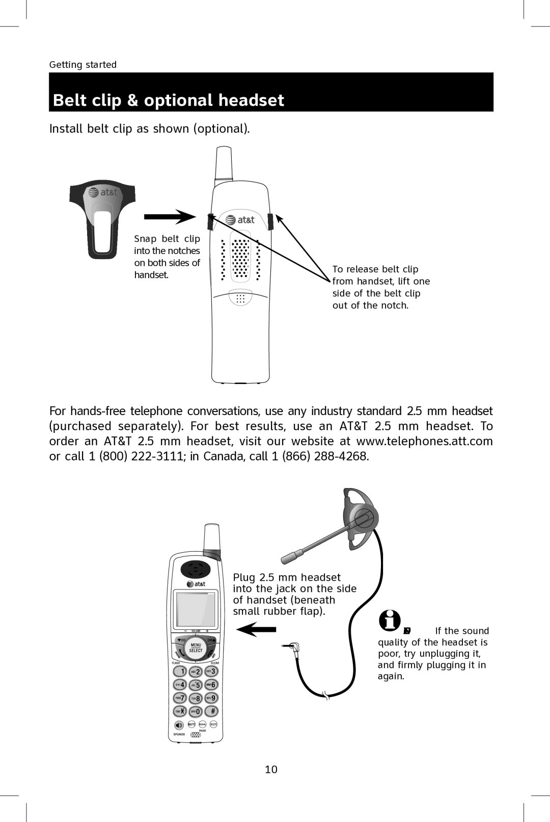 AT&T E2801 user manual Belt clip & optional headset, Install belt clip as shown optional 