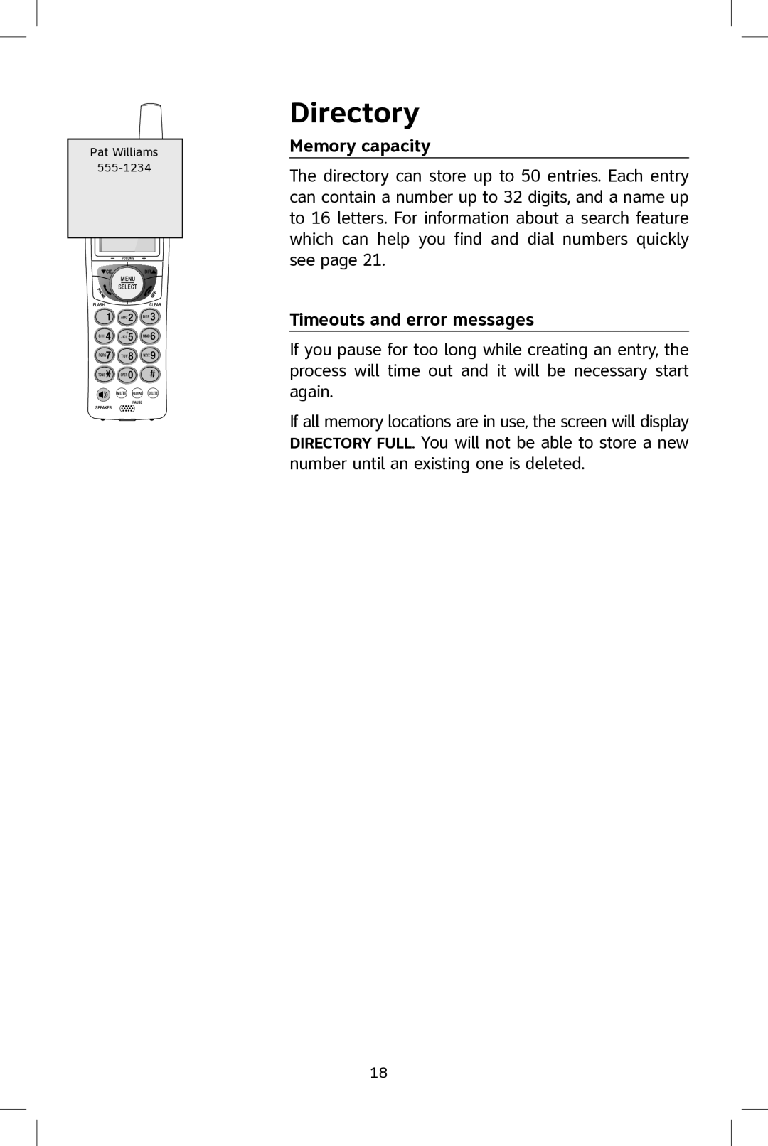 AT&T E2801 user manual Memory capacity, Timeouts and error messages 