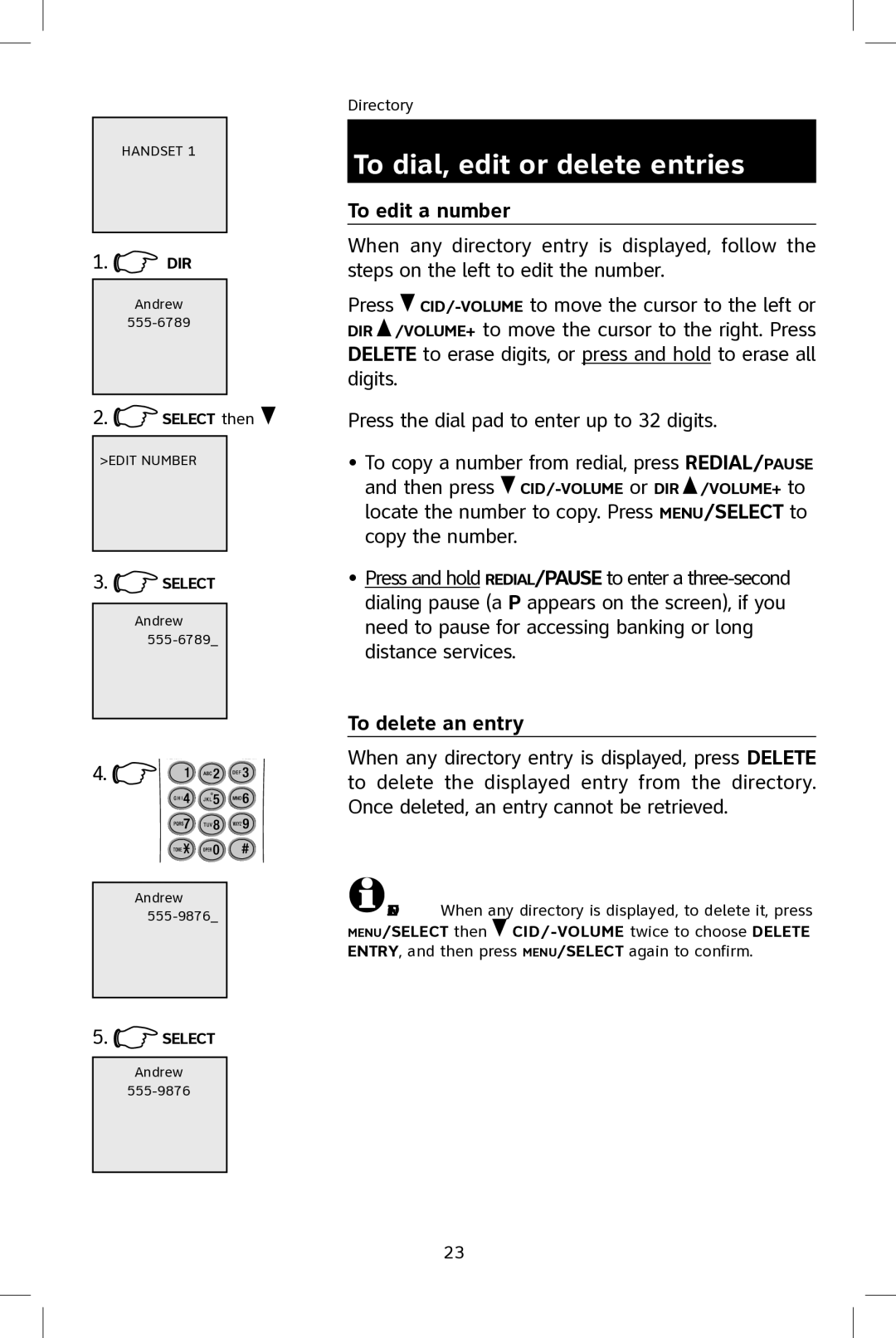 AT&T E2801 user manual To edit a number, To delete an entry 