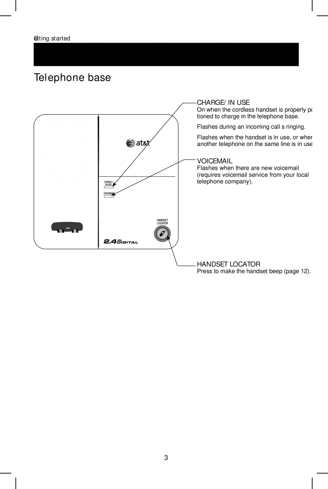 AT&T E2801 user manual Quick reference guide, Telephone base 