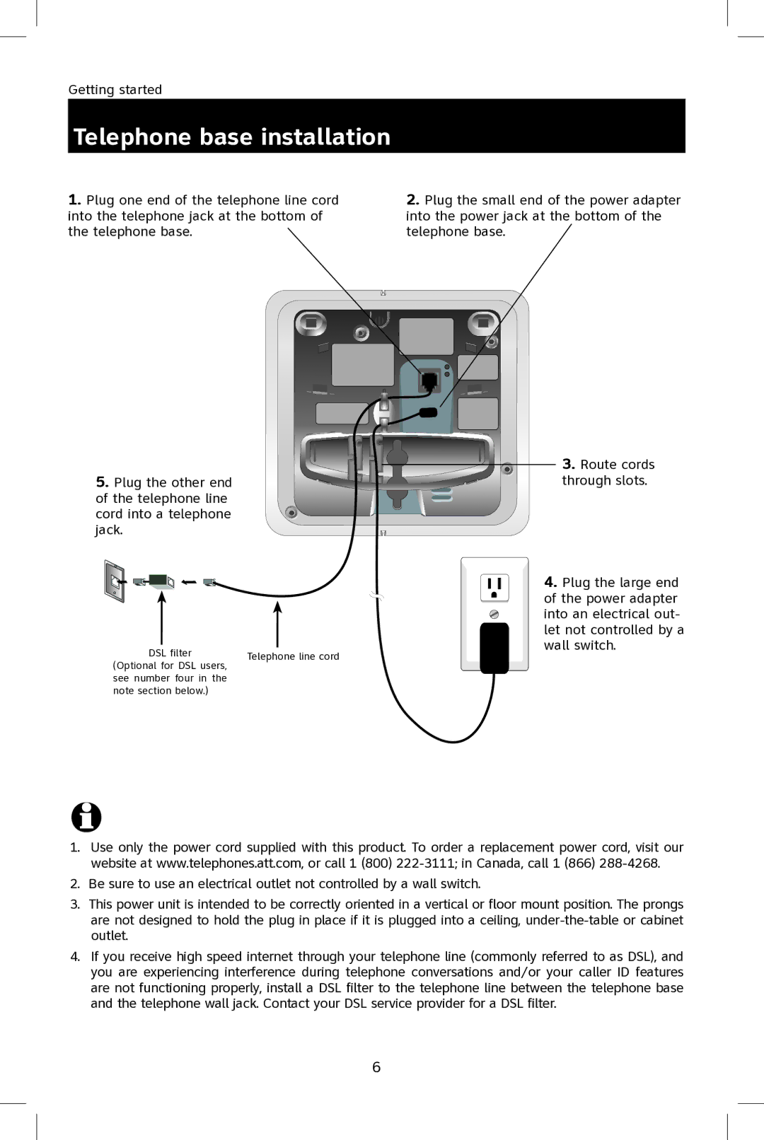 AT&T E2801 user manual Telephone base installation 