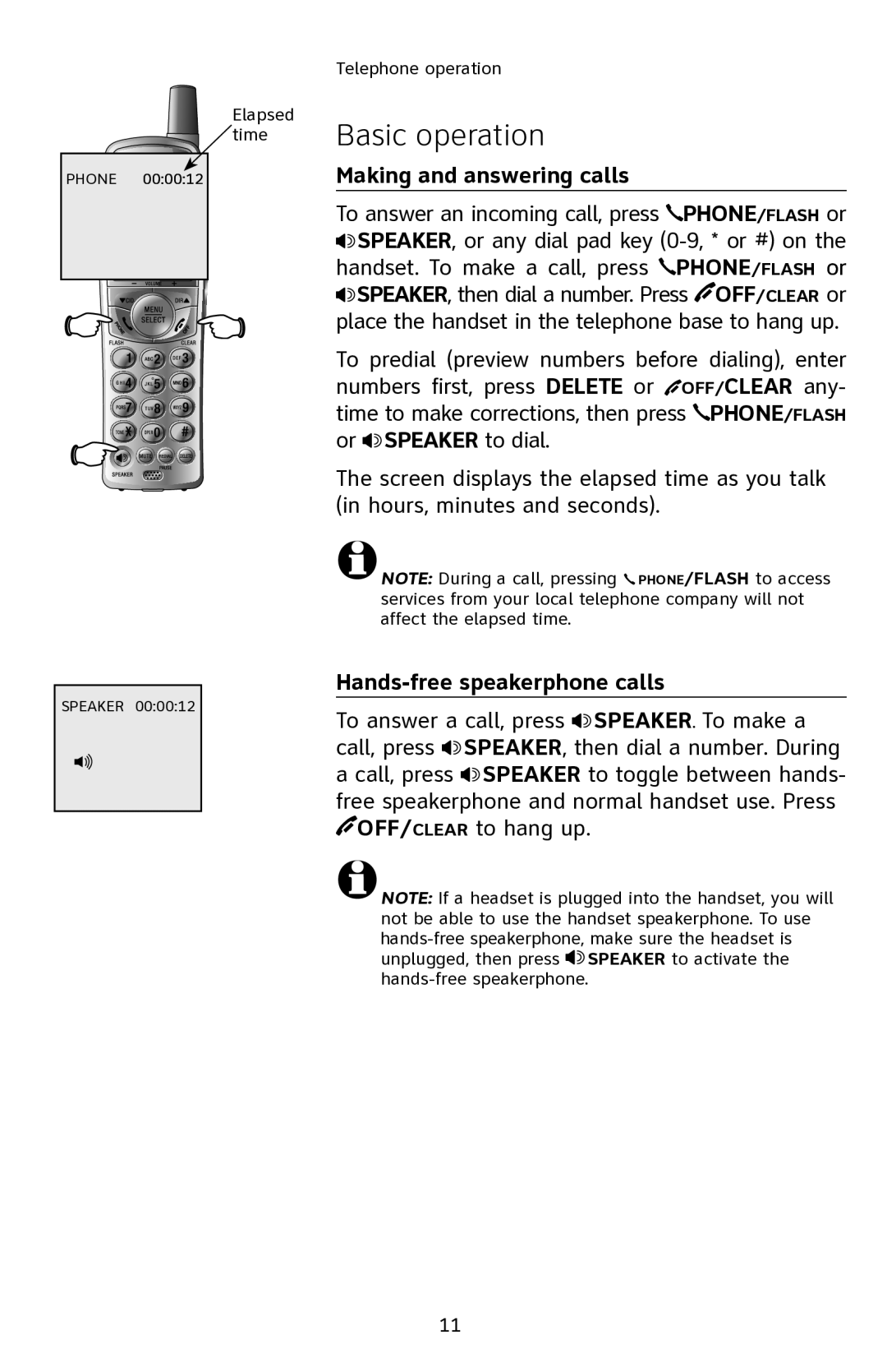 AT&T E2811 user manual Basic operation, Making and answering calls, Hands-free speakerphone calls 