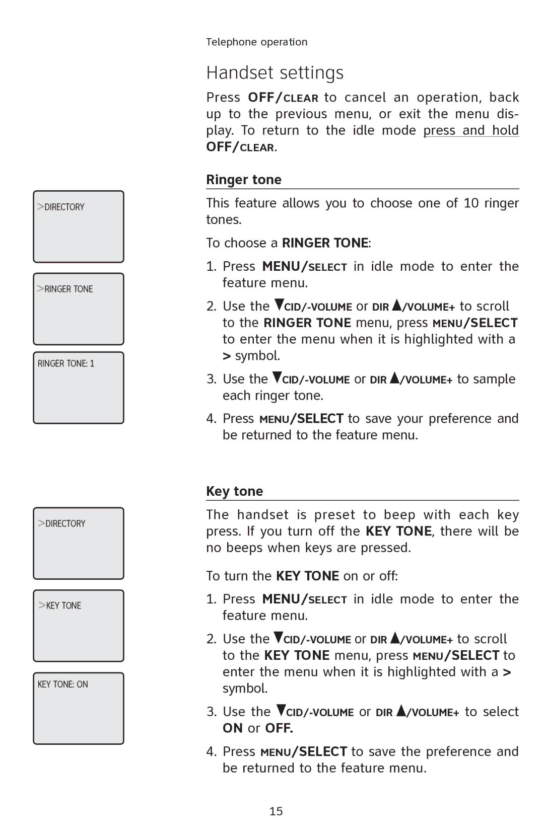 AT&T E2811 user manual Ringer tone, Key tone, On or OFF 