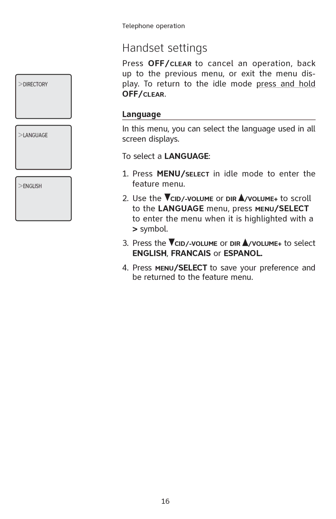 AT&T E2811 user manual Language, ENGLISH, Francais or Espanol 