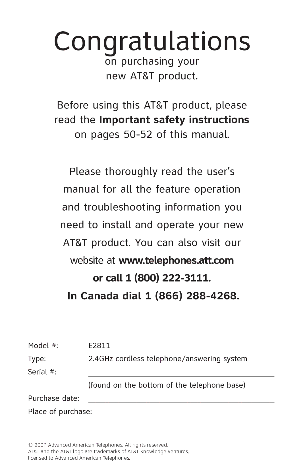 AT&T E2811 user manual Congratulations, On purchasing your new AT&T product 