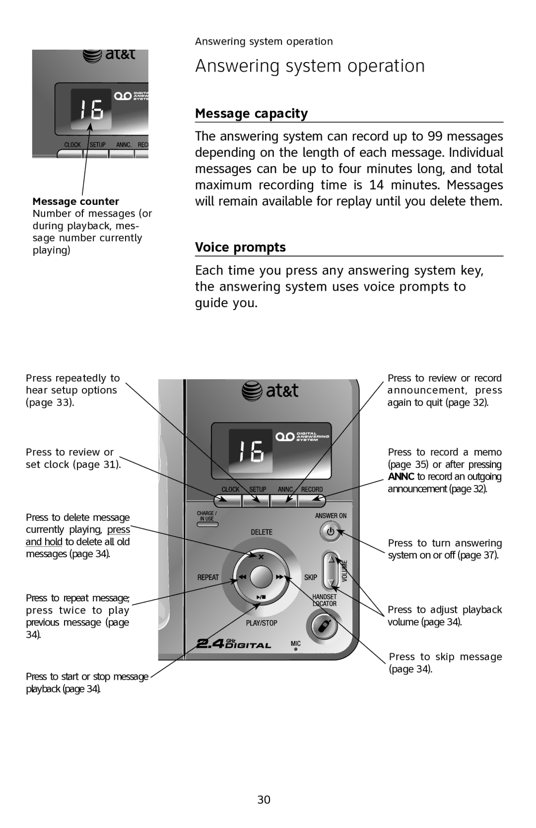 AT&T E2811 user manual Answering system operation, Message capacity, Voice prompts 