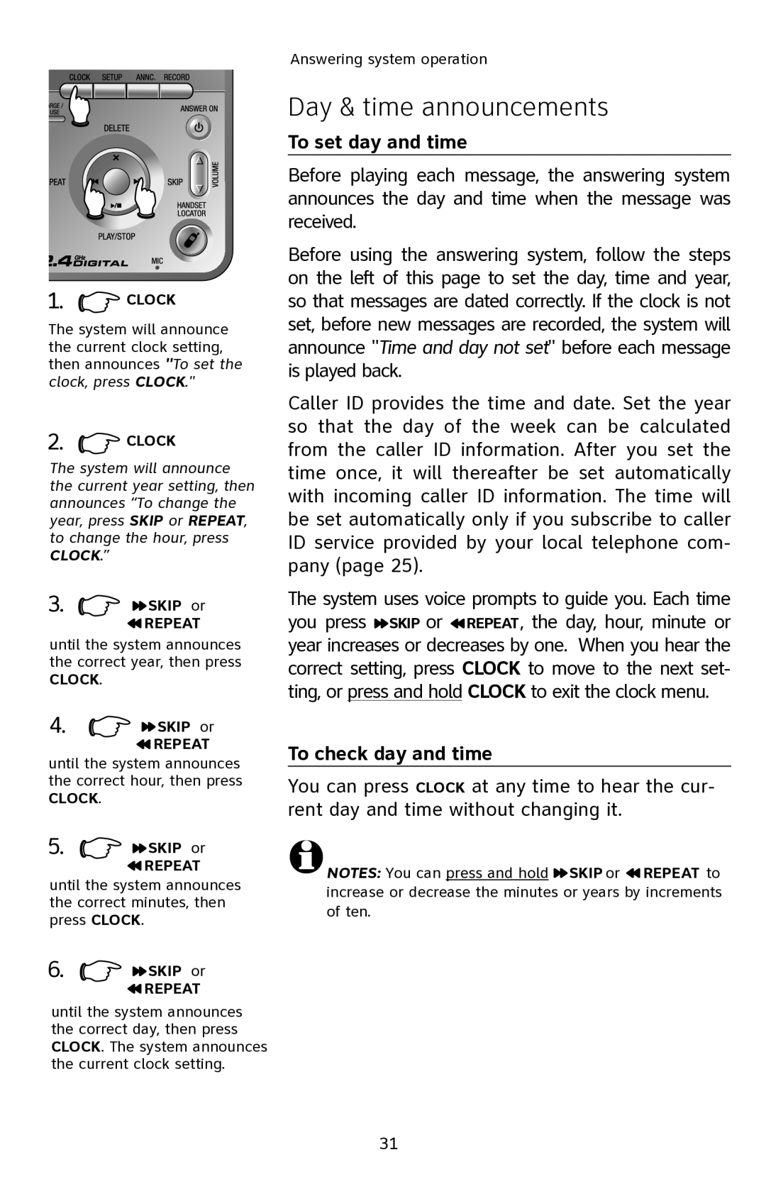 AT&T E2811 user manual Day & time announcements, To set day and time, To check day and time 