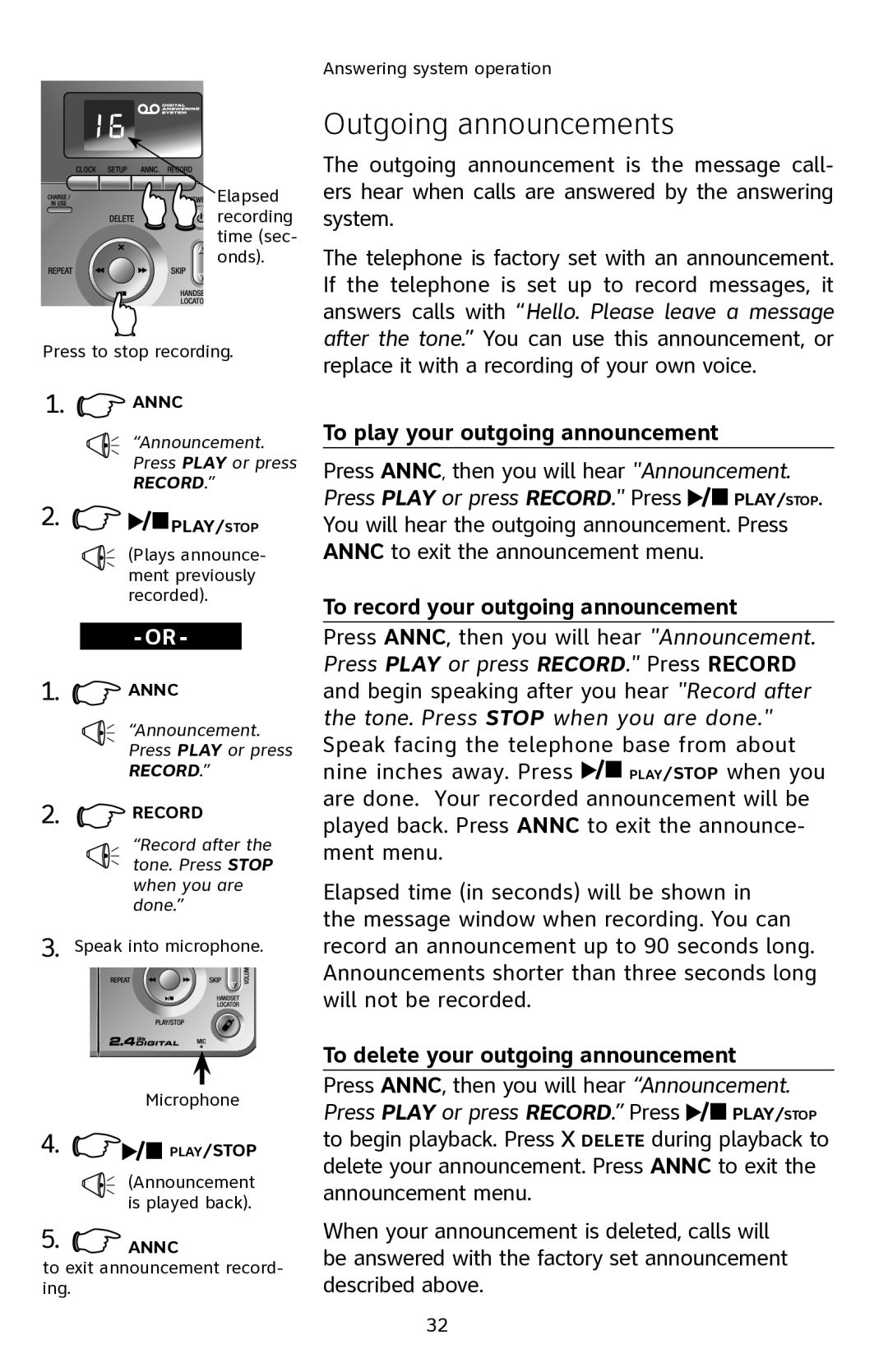 AT&T E2811 user manual Outgoing announcements, To play your outgoing announcement, To record your outgoing announcement 