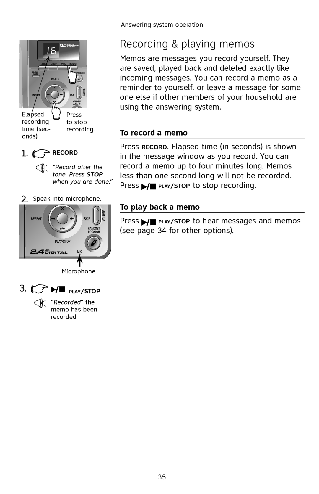 AT&T E2811 user manual Recording & playing memos, To record a memo, To play back a memo 