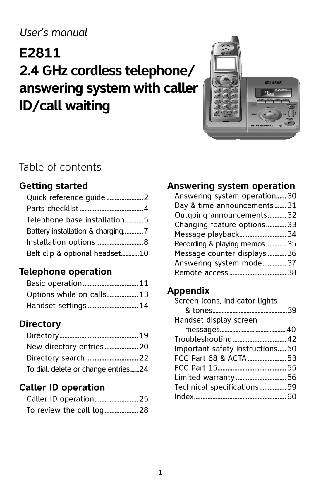 AT&T E2811 user manual Table of contents 