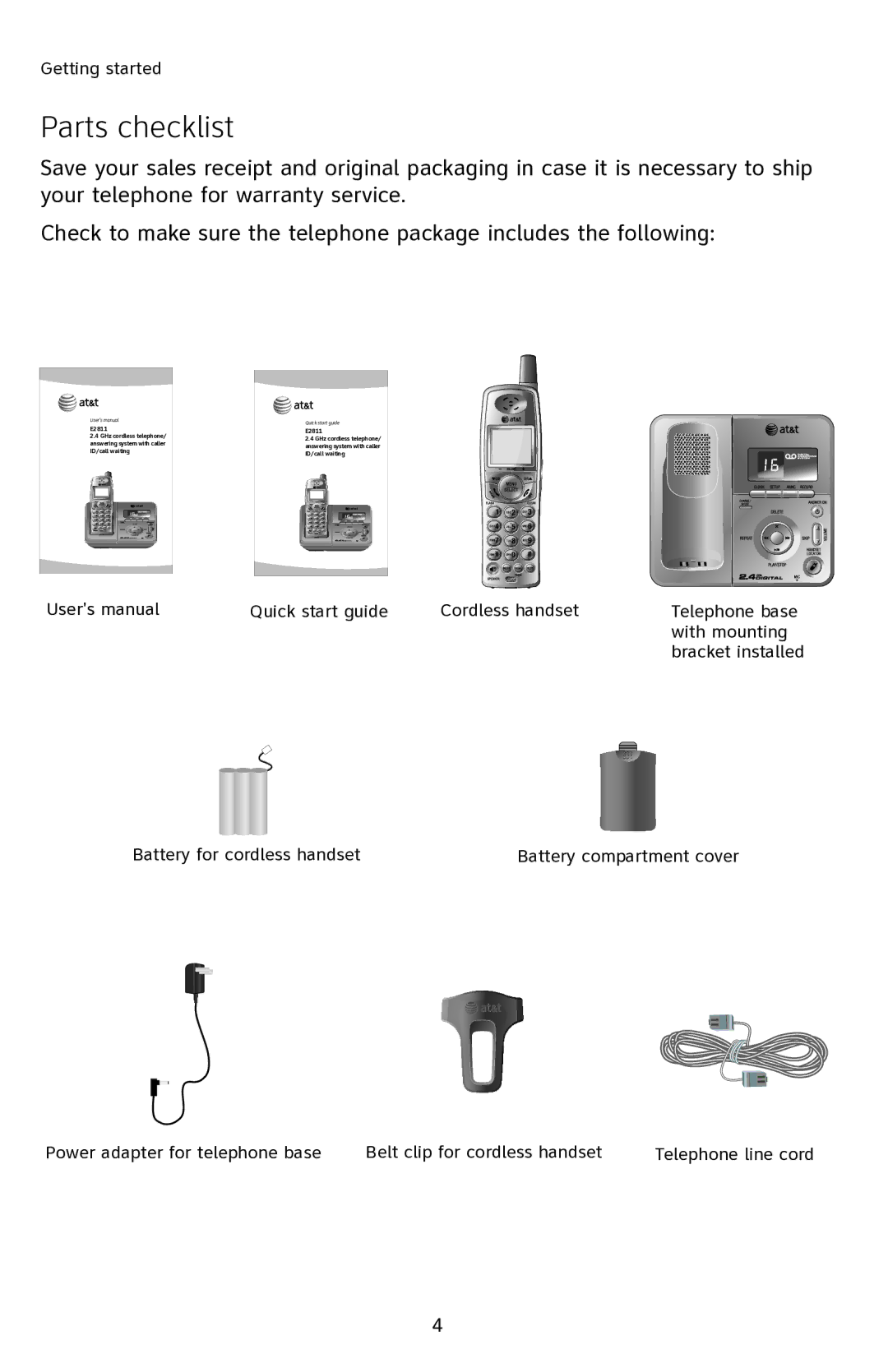 AT&T E2811 user manual Parts checklist 