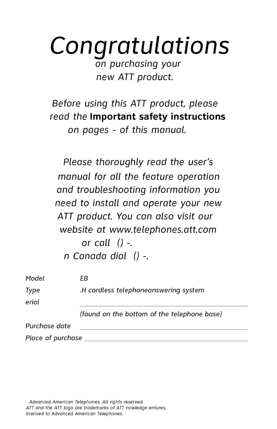 AT&T E2812B user manual On purchasing your new AT&T product, Canada dial 1 866 