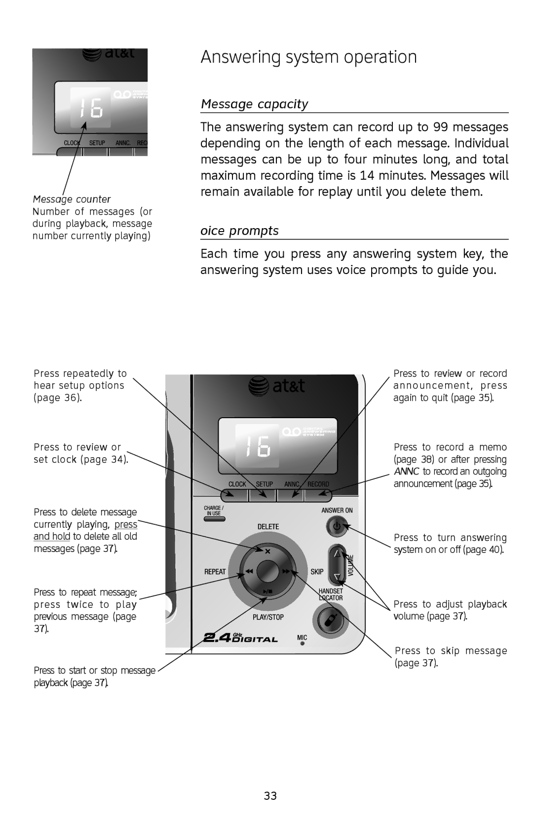 AT&T E2812B user manual Answering system operation, Message capacity, Voice prompts 