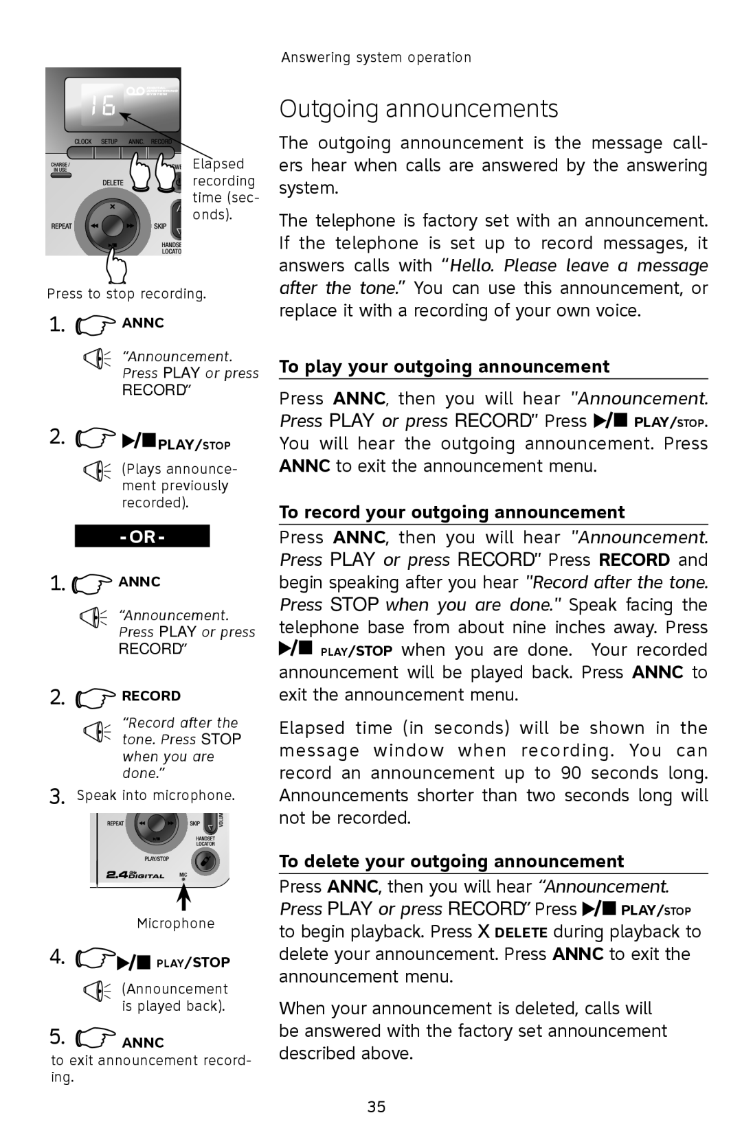 AT&T E2812B user manual Outgoing announcements, To play your outgoing announcement, To record your outgoing announcement 