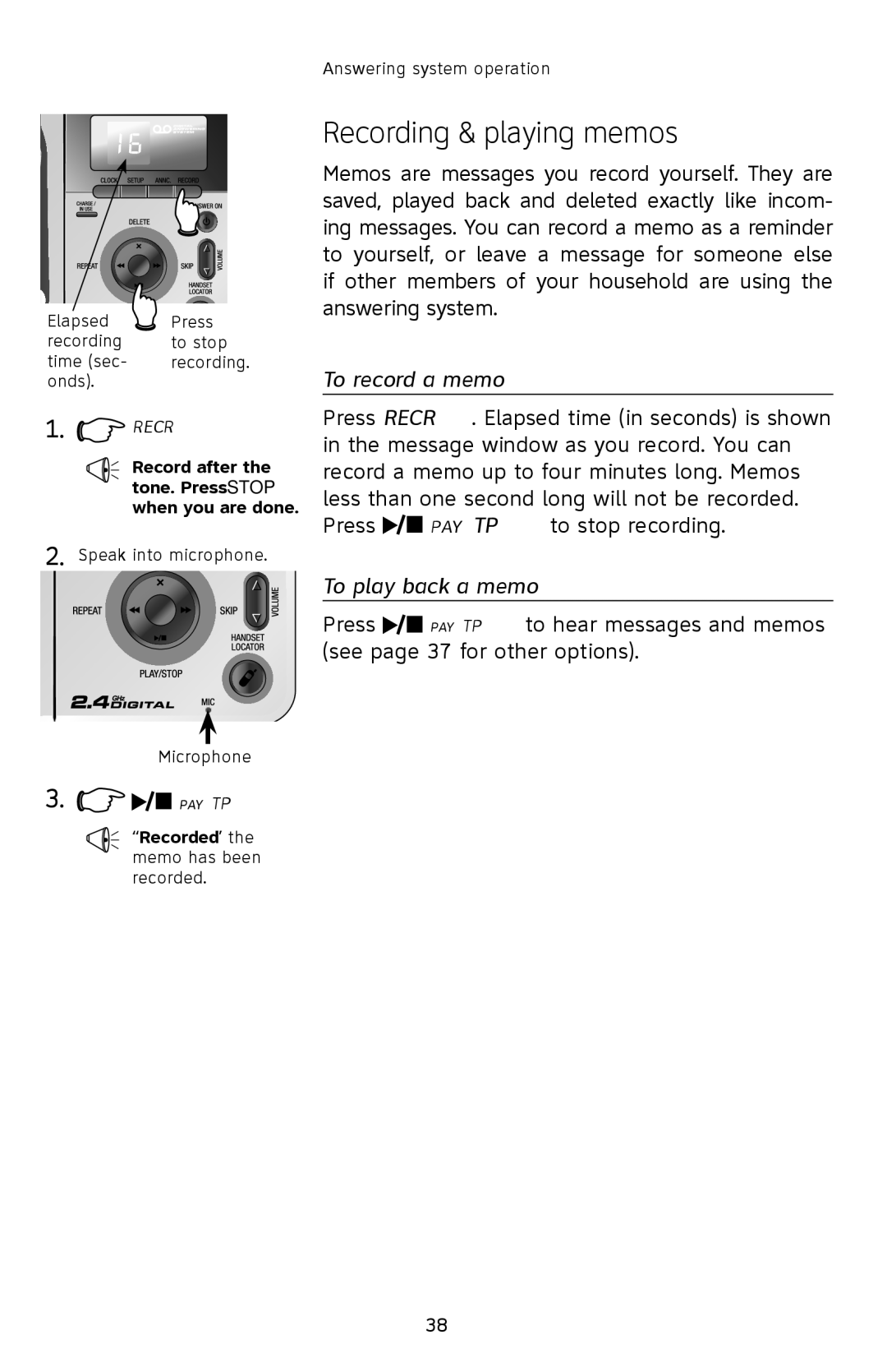 AT&T E2812B user manual Recording & playing memos, To record a memo, To play back a memo 