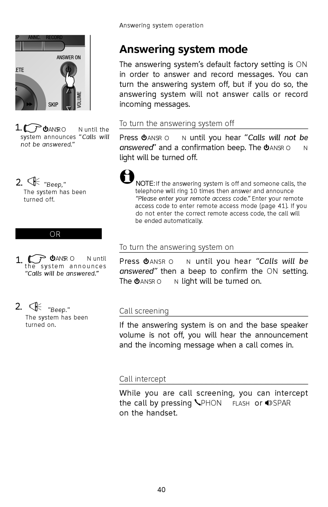 AT&T E2812B Answering system mode, To turn the answering system off, To turn the answering system on, Call screening 