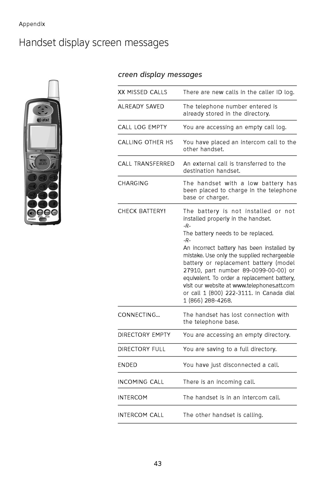 AT&T E2812B user manual Handset display screen messages, Screen display messages 