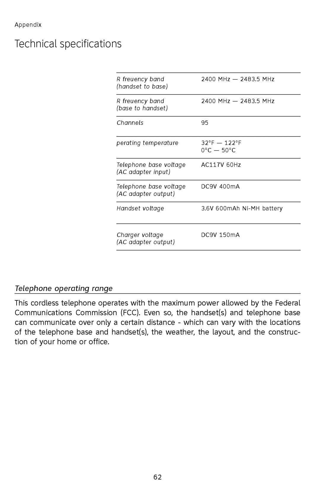 AT&T E2812B user manual Technical specifications, Telephone operating range 