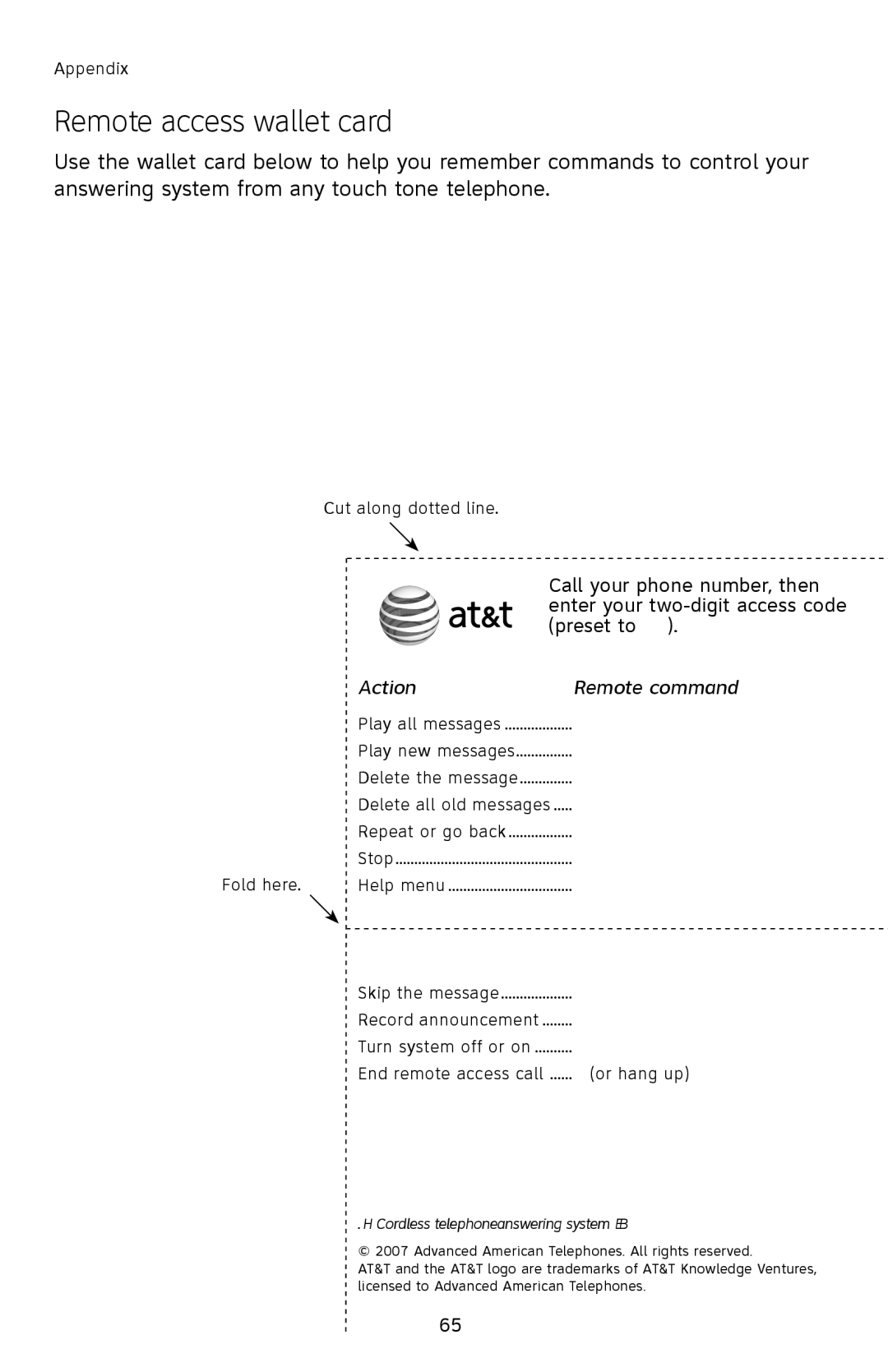 AT&T E2812B user manual Remote access wallet card, Action Remote command 