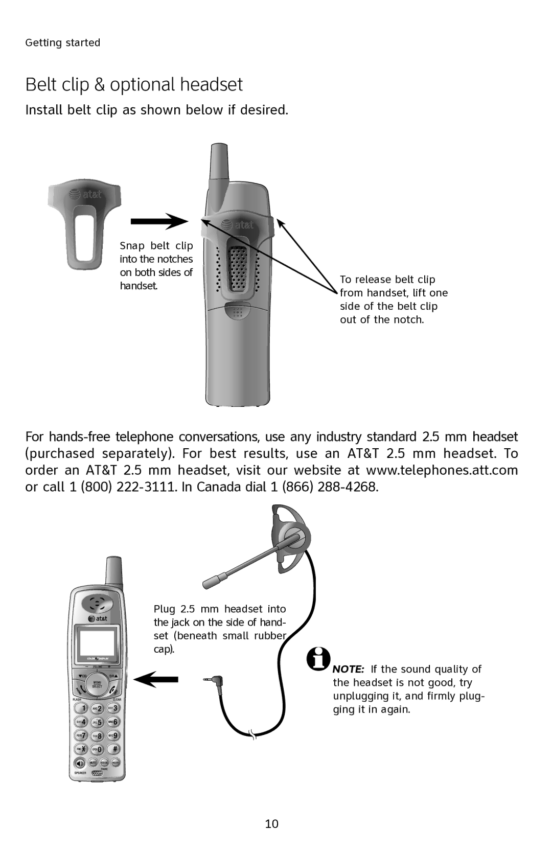 AT&T E2901 user manual Belt clip & optional headset, Install belt clip as shown below if desired 