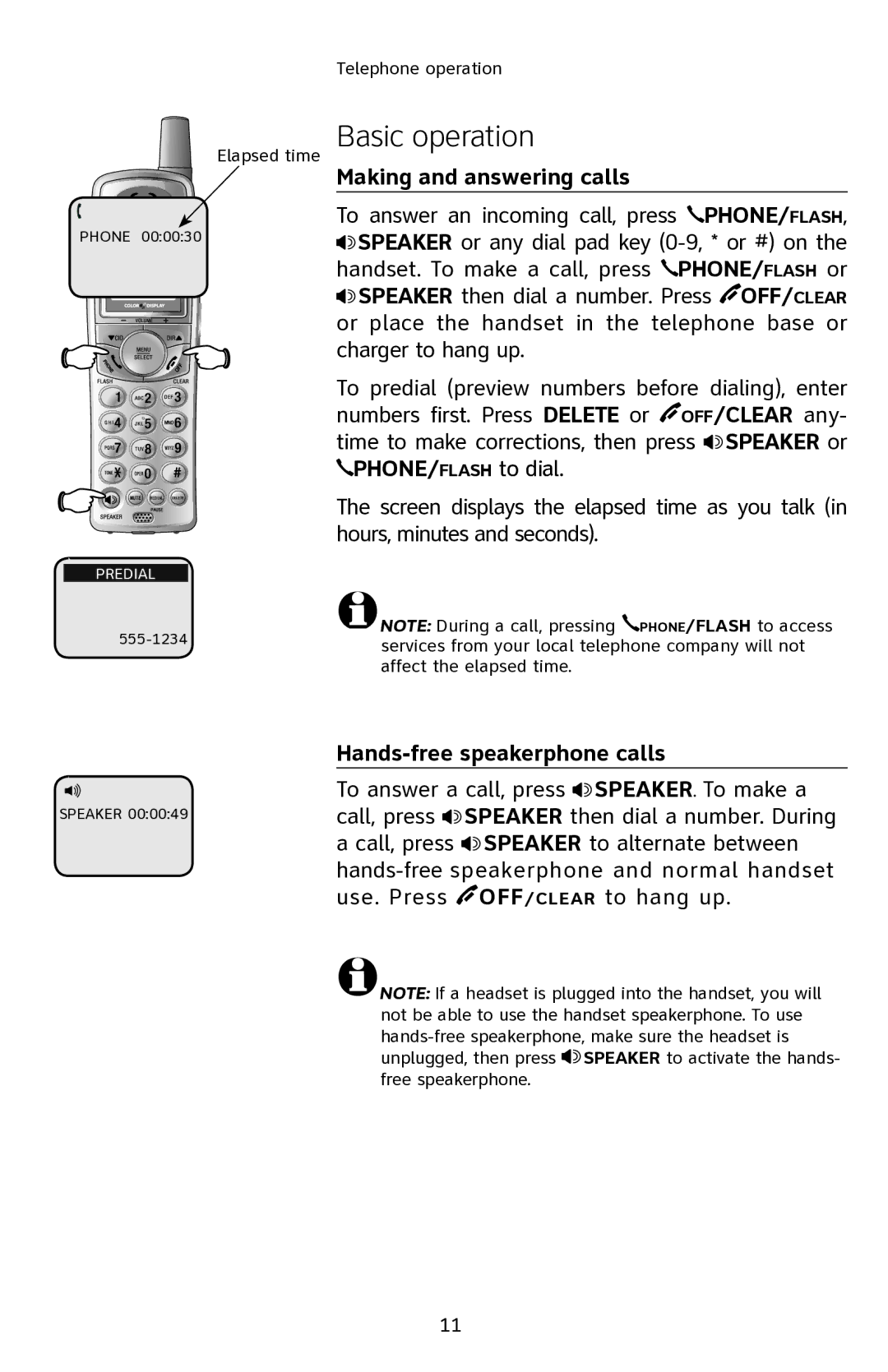 AT&T E2901 user manual Basic operation, Making and answering calls, PHONE/FLASH to dial, Hands-free speakerphone calls 