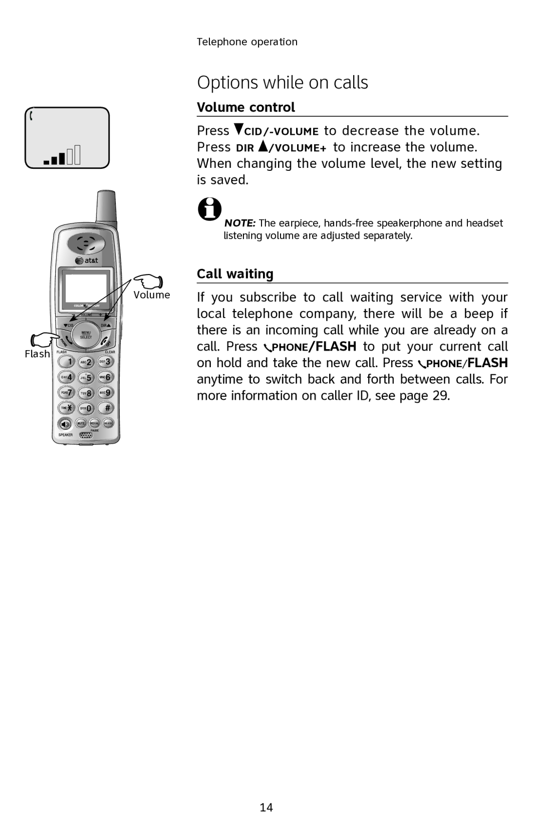 AT&T E2901 user manual Options while on calls, Volume control, Call waiting 