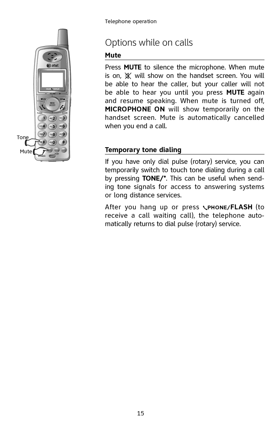 AT&T E2901 user manual Mute, Temporary tone dialing 