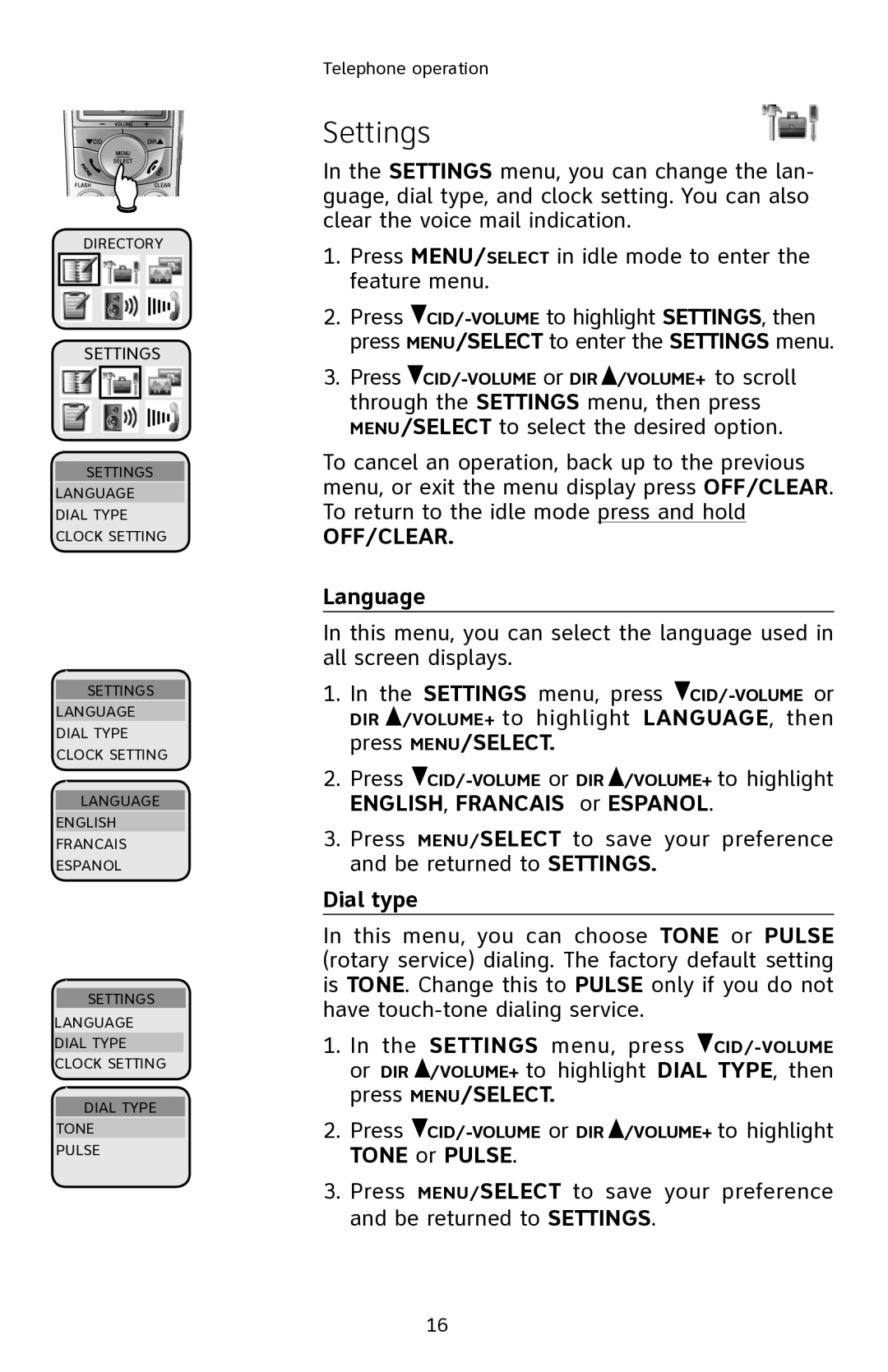 AT&T E2901 user manual Settings, Language, ENGLISH, Francais or Espanol, Dial type, Tone or Pulse 