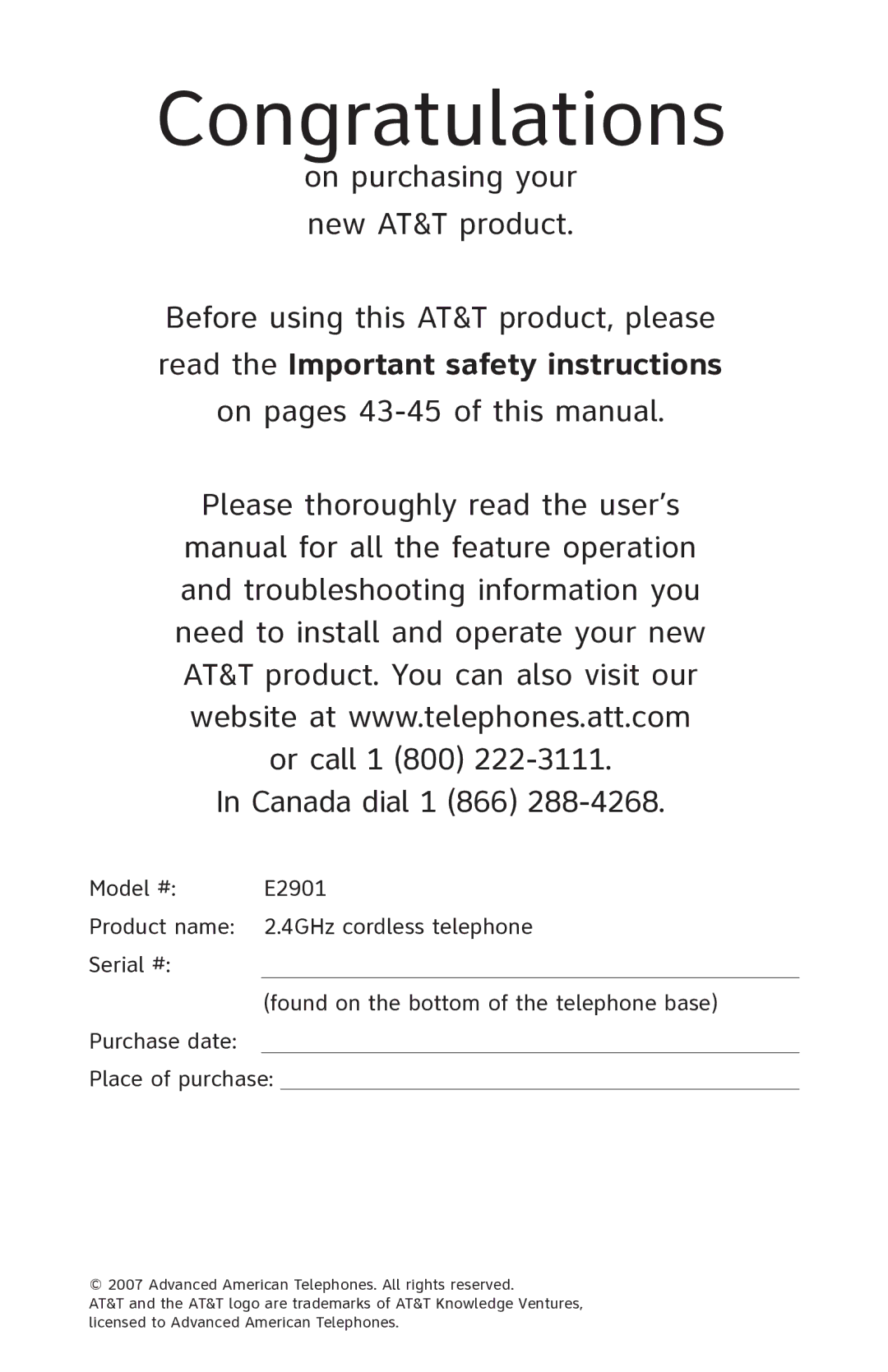 AT&T E2901 user manual Congratulations, On pages 43-45 of this manual Canada dial 1 866 