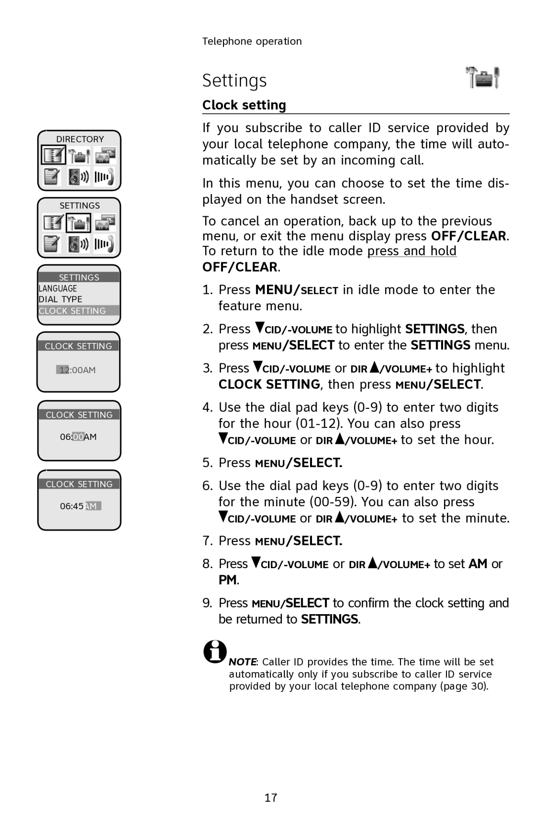 AT&T E2901 user manual Clock setting, Clock SETTING, then press MENU/SELECT, Press MENU/SELECT 