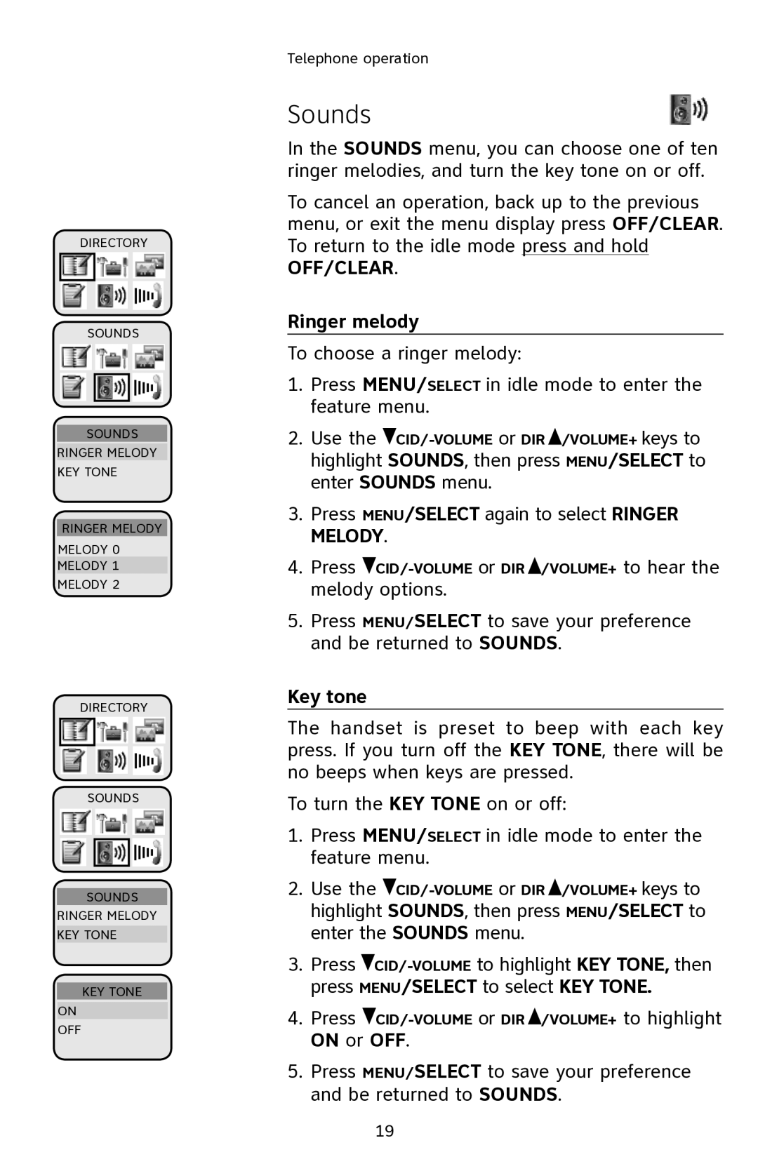 AT&T E2901 user manual Sounds, Ringer melody, Key tone, On or OFF 