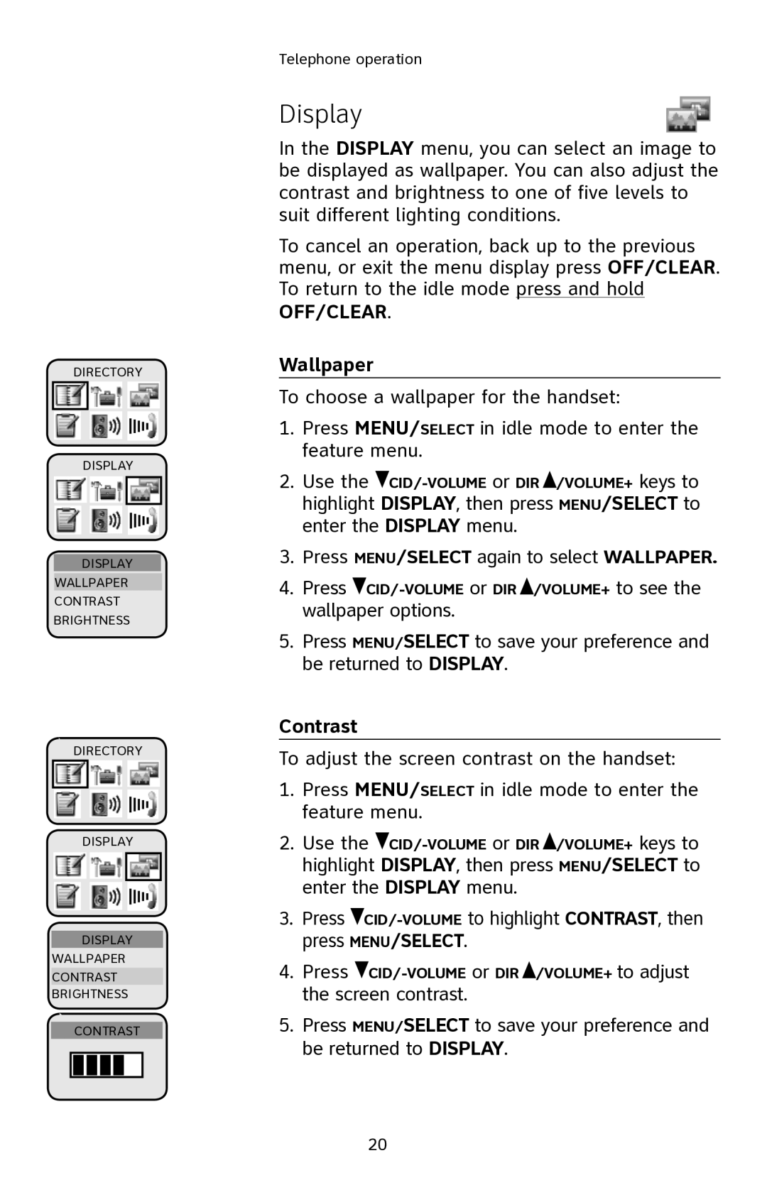 AT&T E2901 user manual Display, Wallpaper, Contrast 