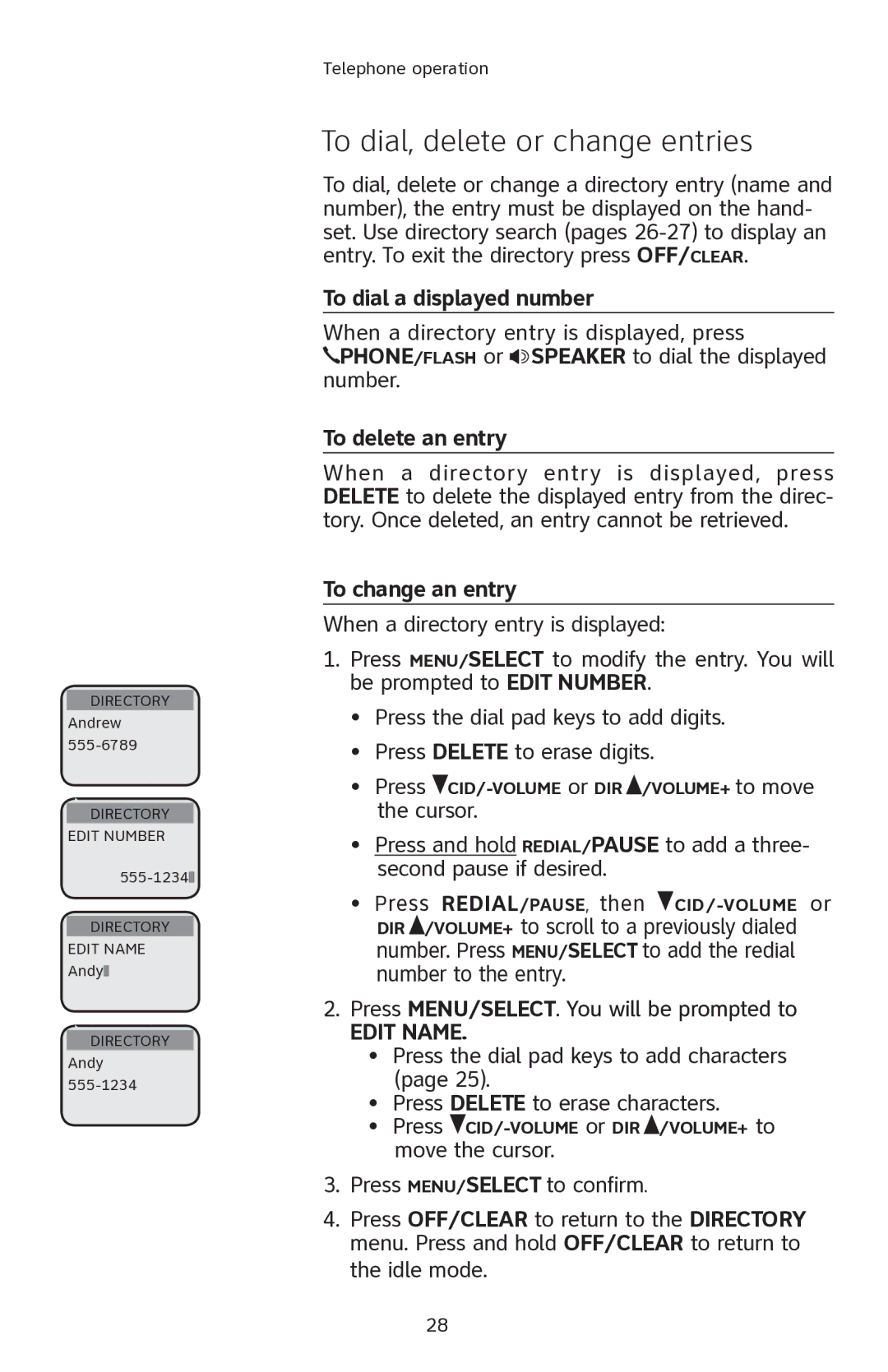 AT&T E2901 To dial, delete or change entries, To dial a displayed number, To delete an entry, To change an entry 