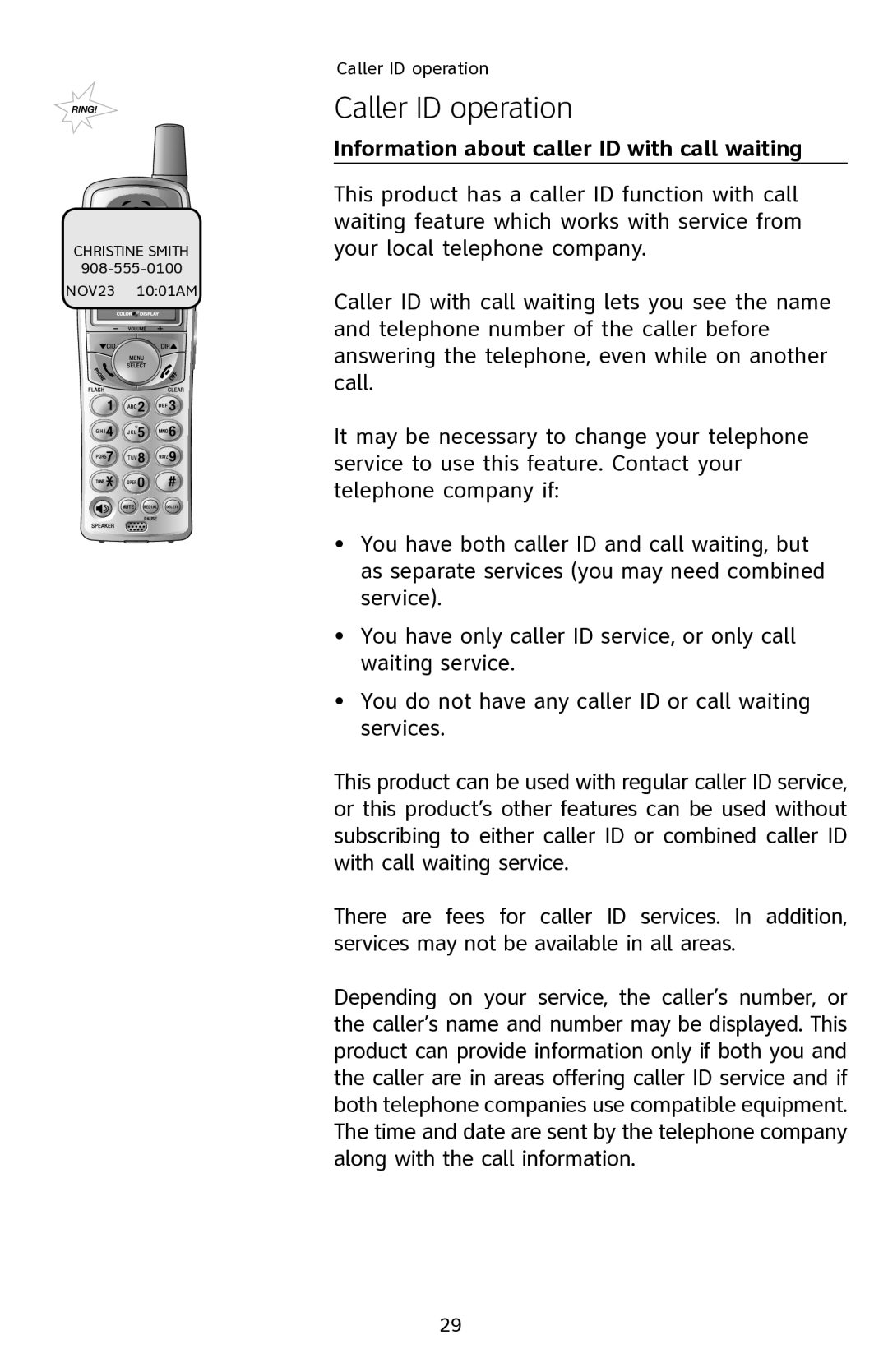 AT&T E2901 user manual Caller ID operation, Information about caller ID with call waiting 