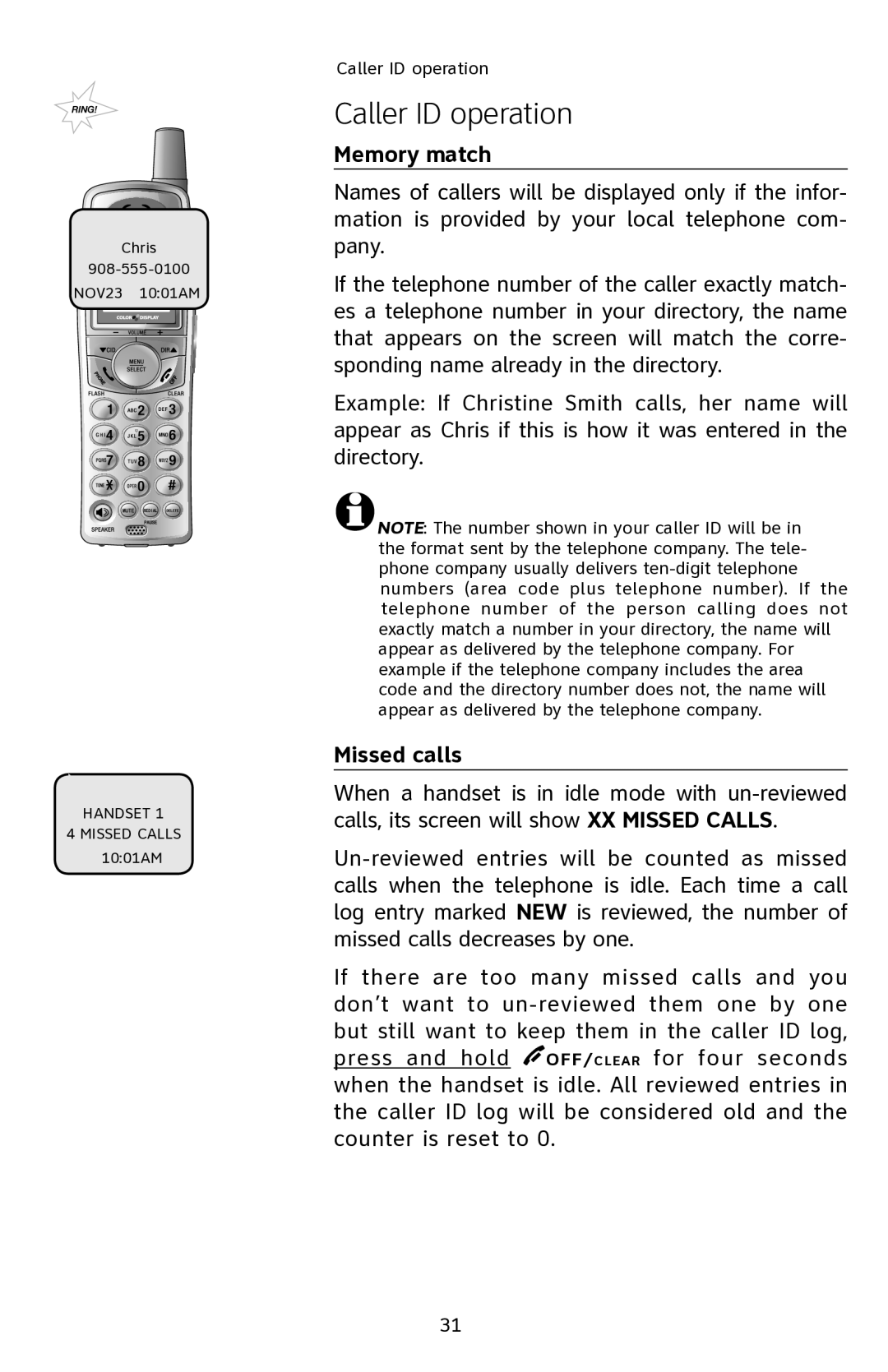 AT&T E2901 user manual Memory match, Missed calls 