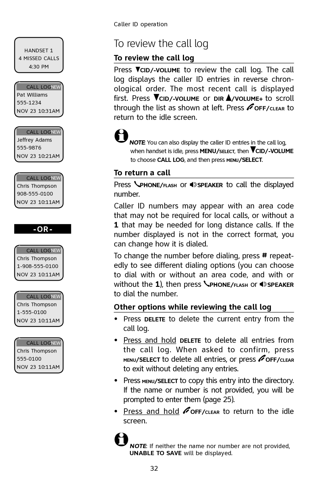 AT&T E2901 user manual To review the call log, To return a call, Other options while reviewing the call log 