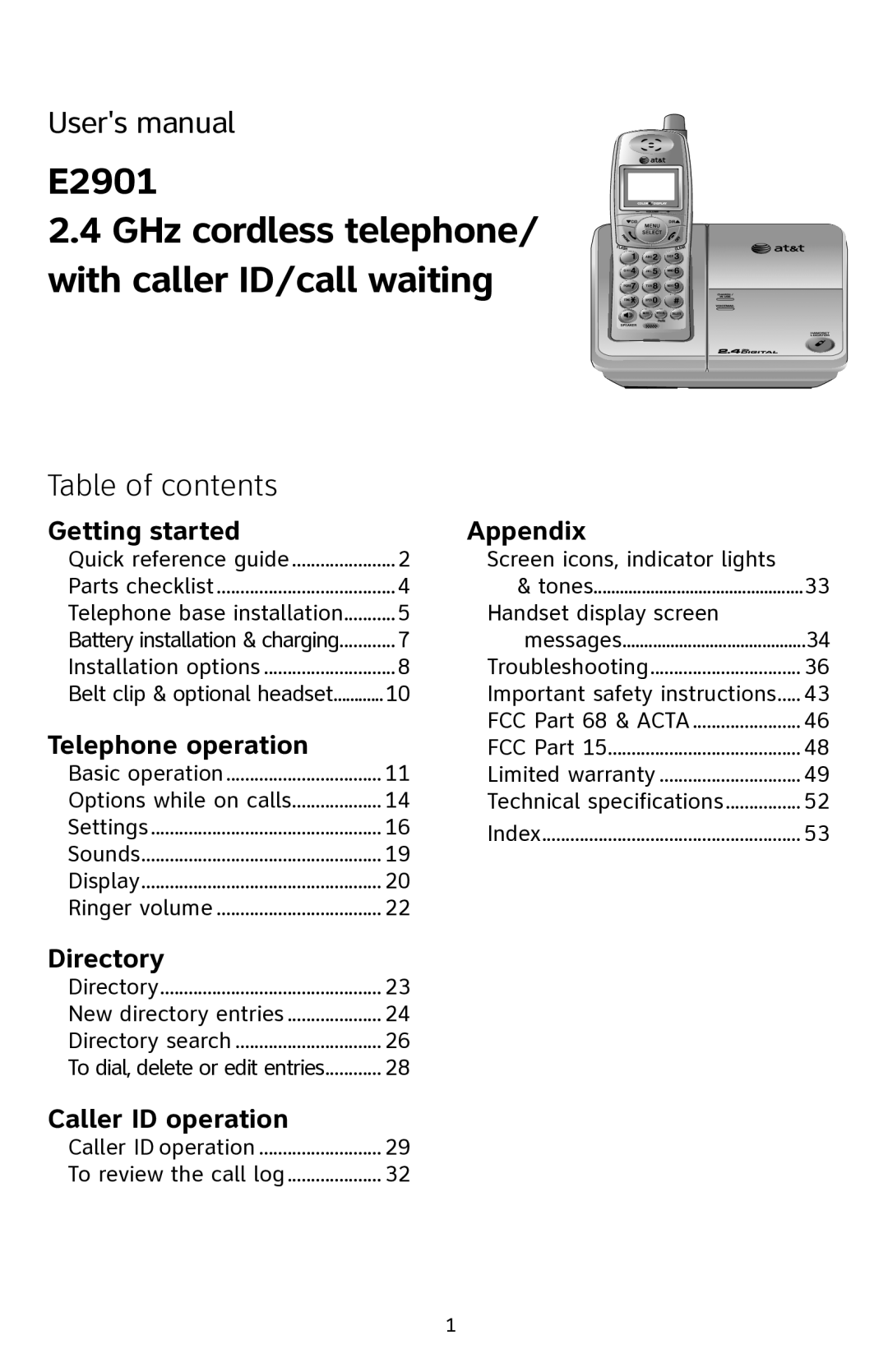 AT&T E2901 user manual Table of contents 