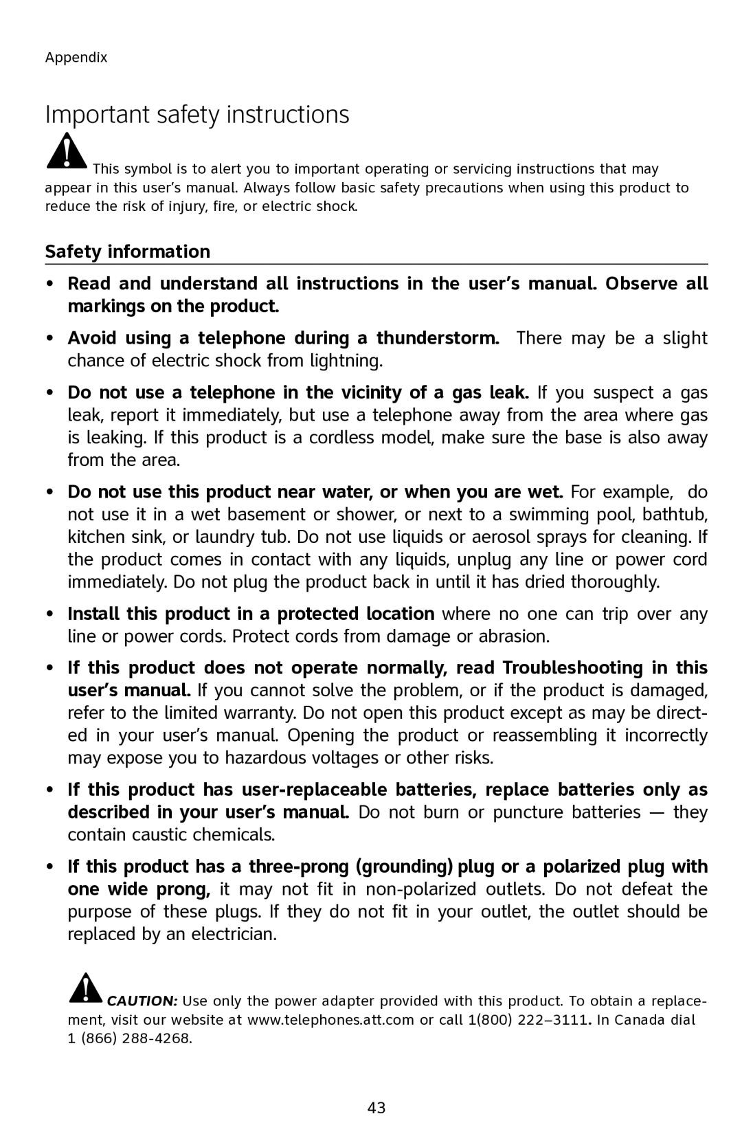 AT&T E2901 user manual Important safety instructions 