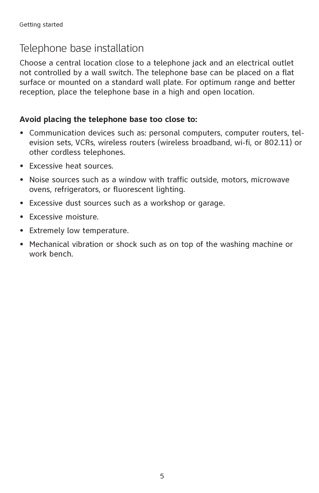 AT&T E2901 user manual Telephone base installation, Avoid placing the telephone base too close to 