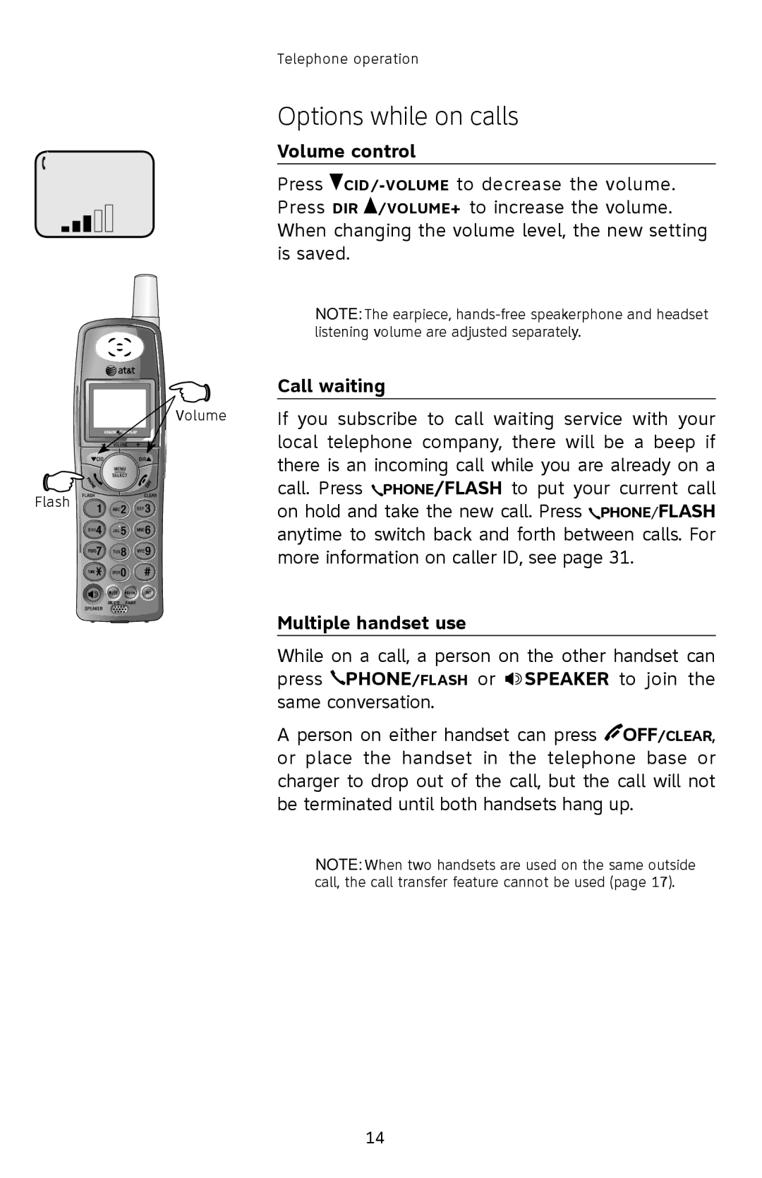 AT&T E2903B user manual Options while on calls, Volume control, Call waiting, Multiple handset use 