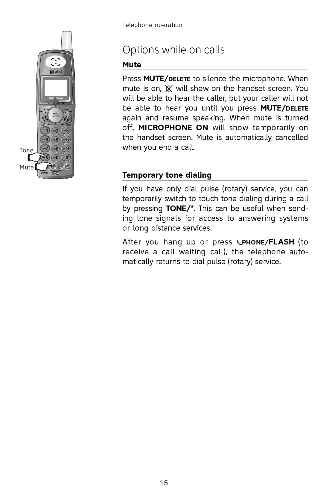 AT&T E2903B user manual Mute, Temporary tone dialing 