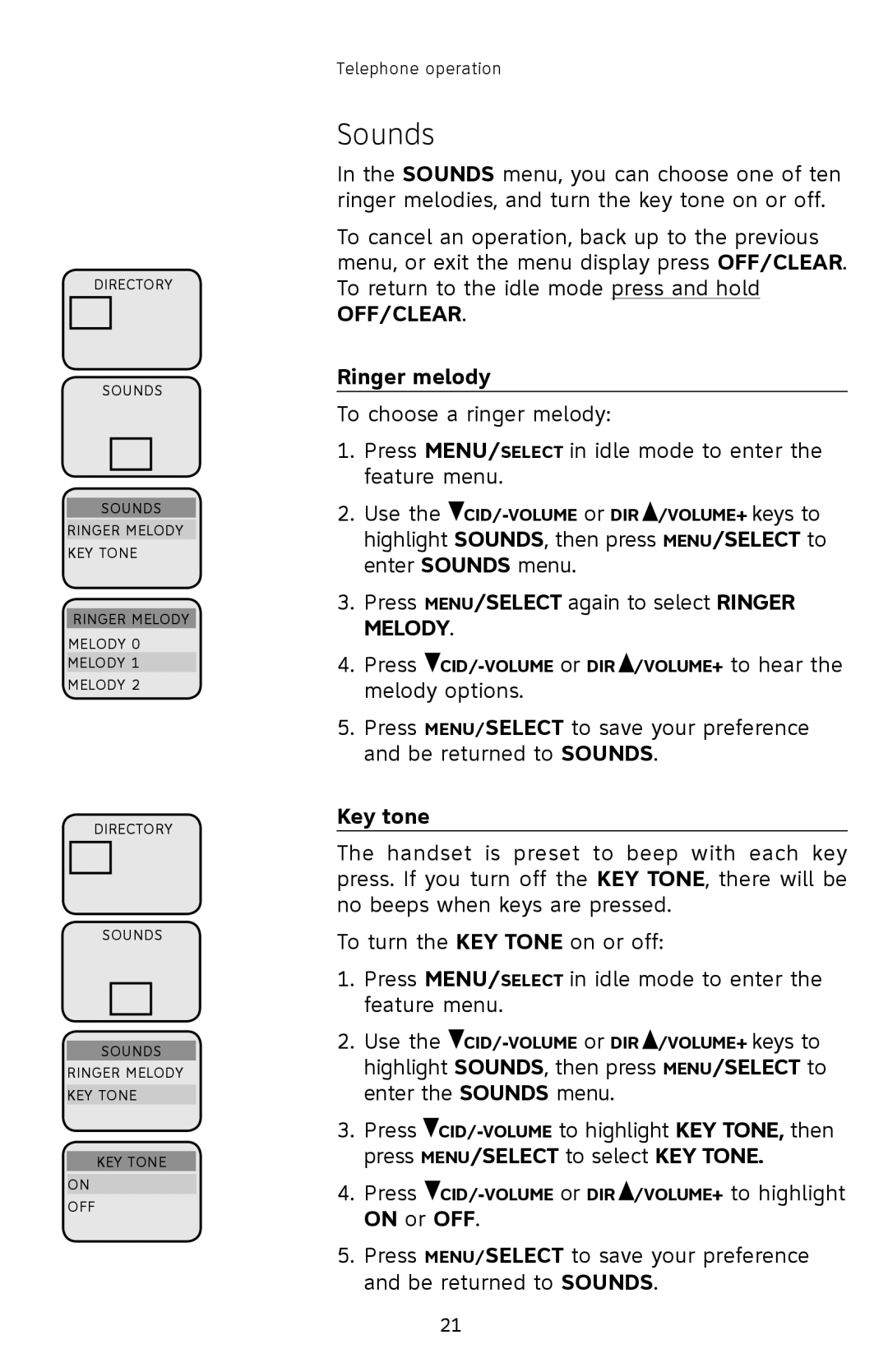 AT&T E2903B user manual Sounds, Ringer melody, Key tone, On or OFF 