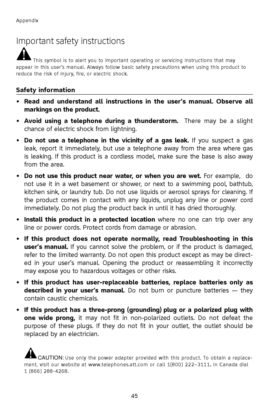 AT&T E2903B user manual Important safety instructions 