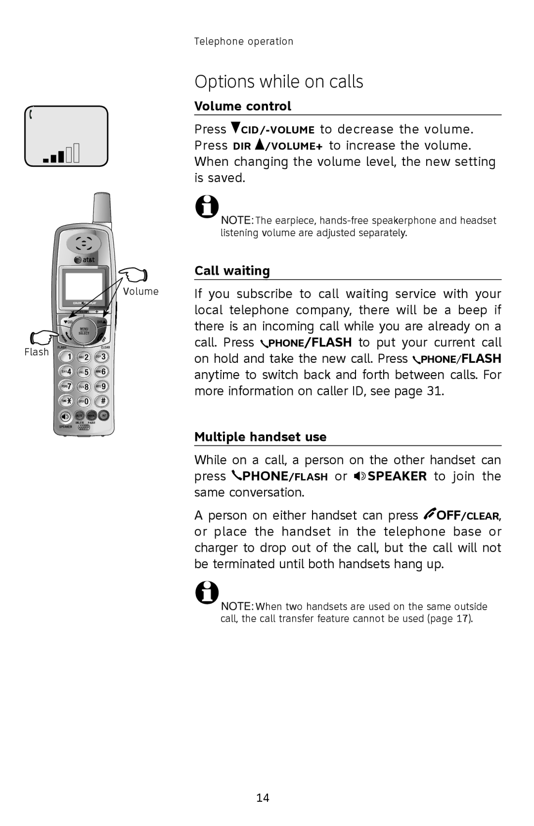 AT&T E2912 user manual Options while on calls, Volume control, Call waiting, Multiple handset use 