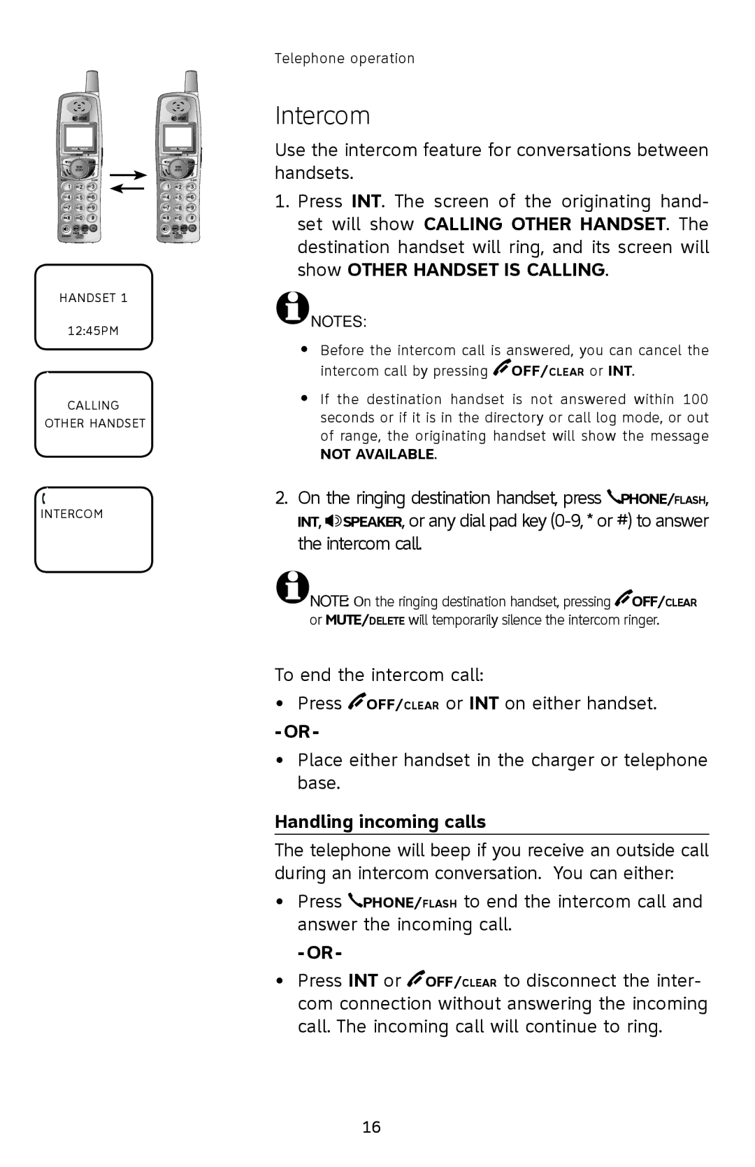 AT&T E2912 user manual Intercom, Handling incoming calls 