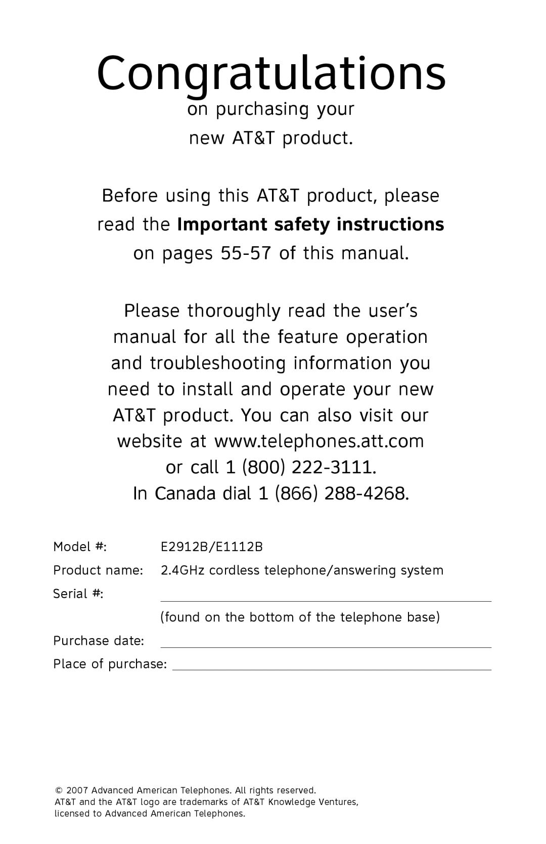 AT&T E2912 user manual Congratulations, On pages 55-57 of this manual Canada dial 1 866 