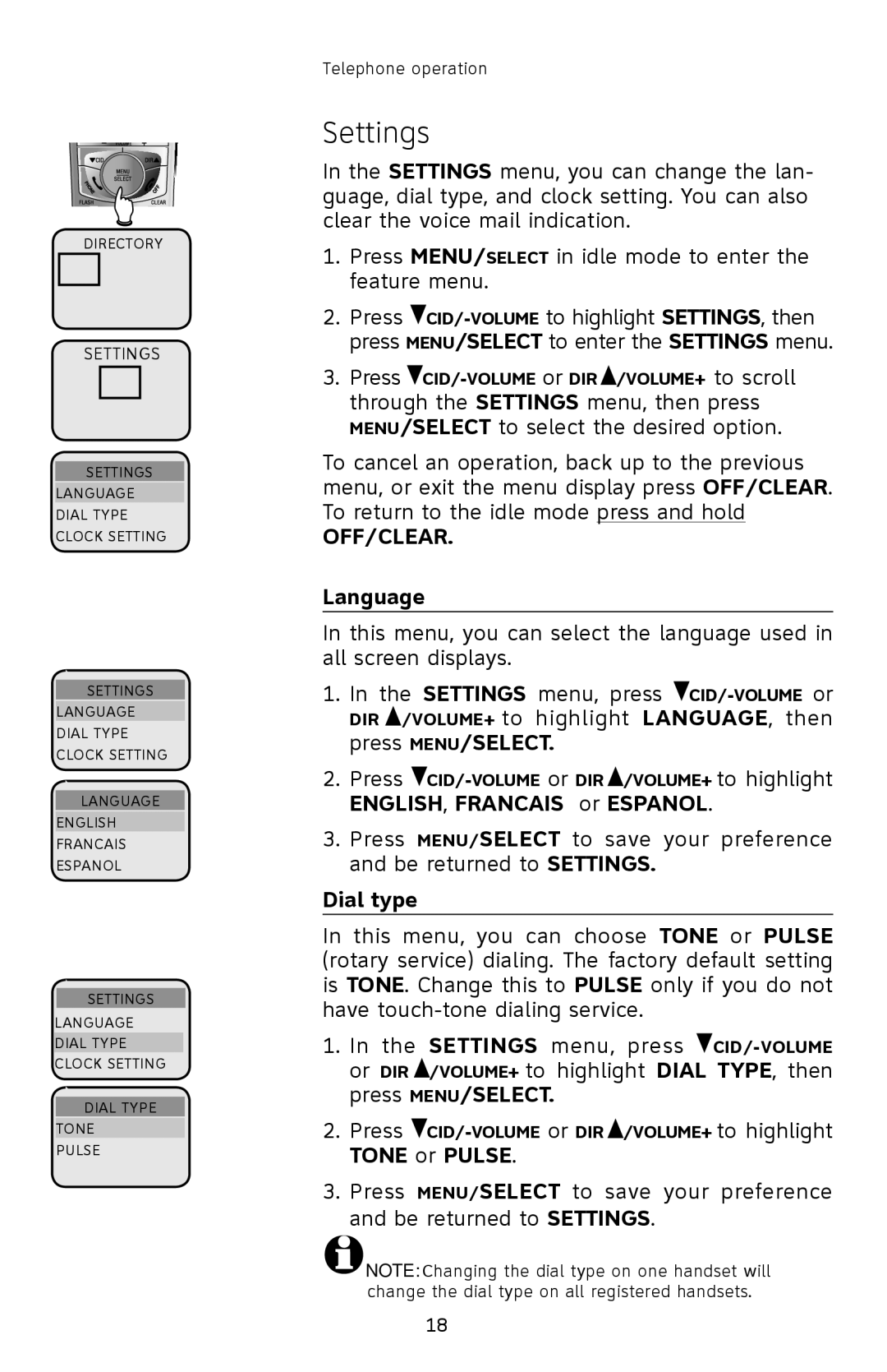 AT&T E2912 user manual Settings, Language, ENGLISH, Francais or Espanol, Dial type, Tone or Pulse 