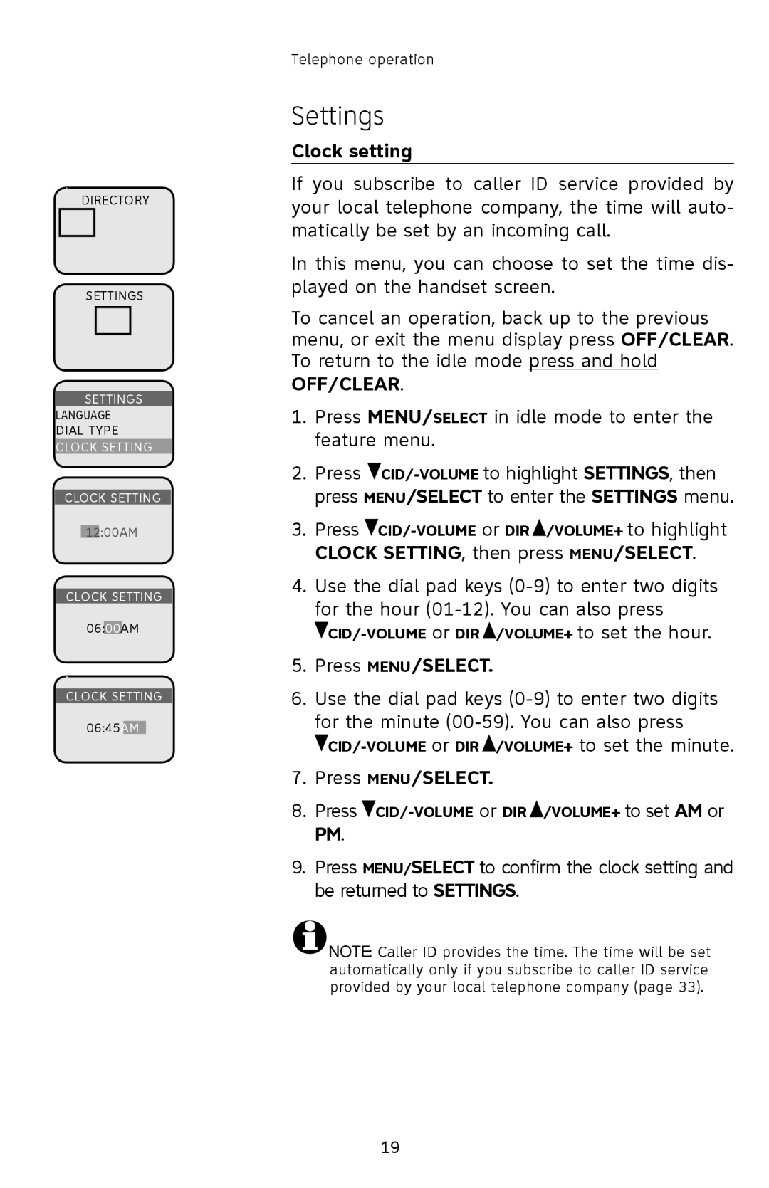 AT&T E2912 user manual Clock setting, Clock SETTING, then press MENU/SELECT, Press MENU/SELECT 