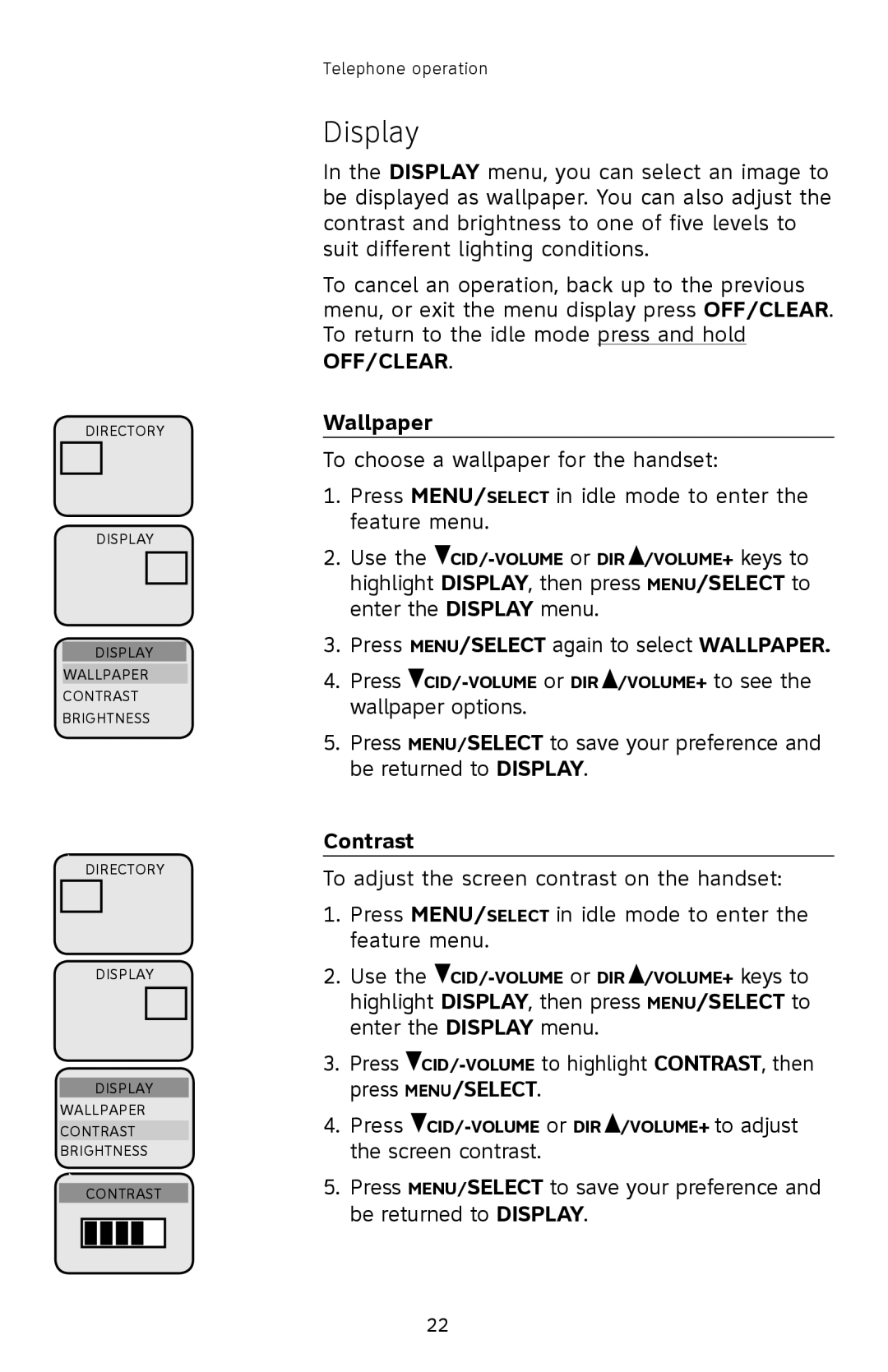 AT&T E2912 user manual Display, Wallpaper, Contrast 