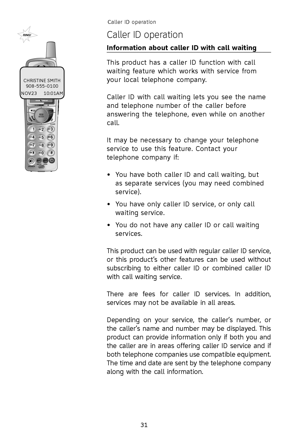 AT&T E2912 user manual Caller ID operation, Information about caller ID with call waiting 